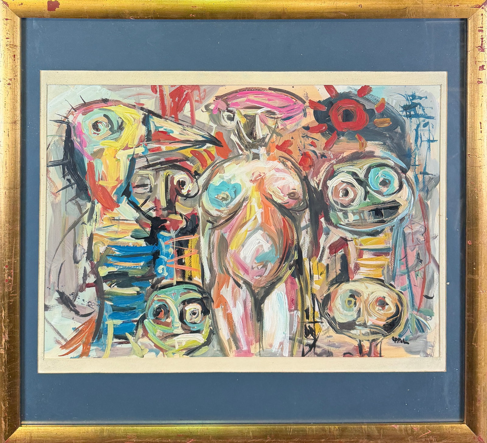 AFTER KAREL APPEL PAINTING: TRIBUTE PAINTING IN THE STYLE OF KAREL APPEL. MIXED MEDIA ON PAPER. SIGNED, FRAMED. 32"X35"