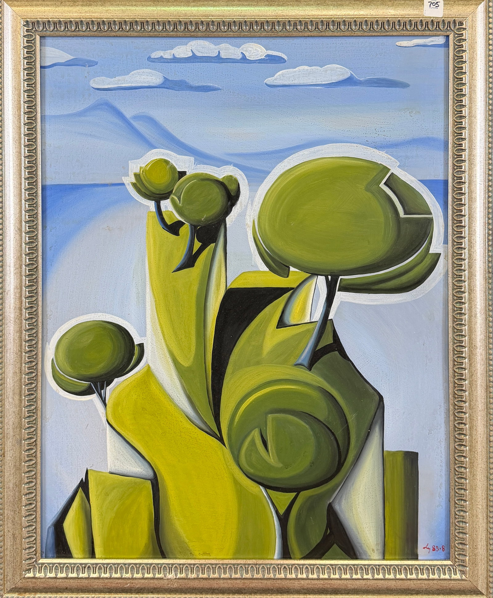 CONTEMPORARY STYLIZED PAINTING: ACRYLIC ON BOARD, SIGNED ILLEGIBLY. FRAMED, 26"X32"