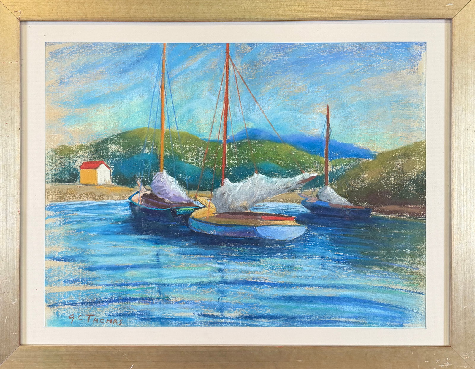 AFTER GEORGE THOMAS NANTUCKET PAINTING: TRIBUTE PAINTING IN THE STYLE OF GEORGE THOMAS. SIGNED, FRAMED, 24"X30"