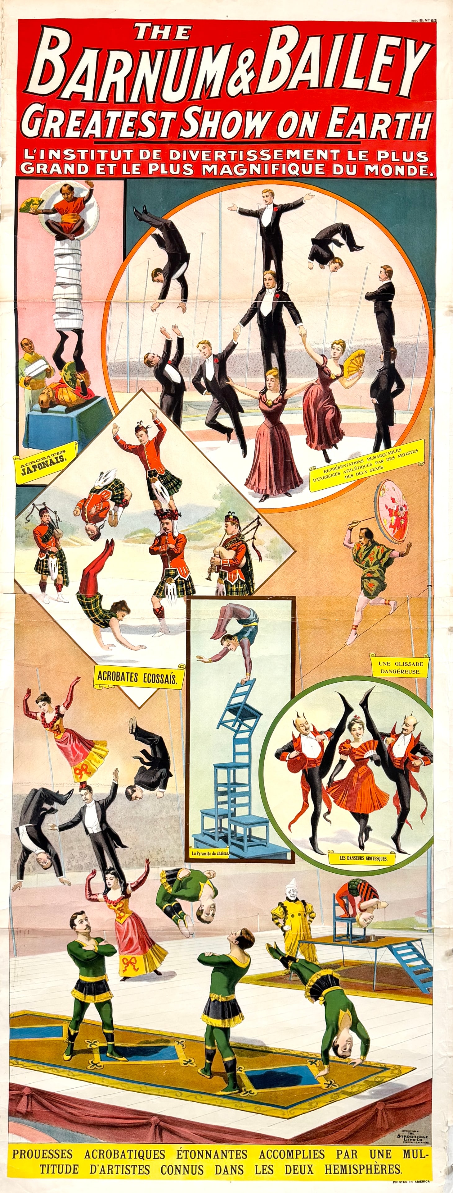 Barnum & Bailey Greatest Show on Earth Poster - Acrobats: Original, authentic circus poster - Barnum & Bailey - Greatest Show on Earth - Amazing acrobatic features performed by a multitude of artists known in both hemispheres. Pyramid of Chairs - Grotesque