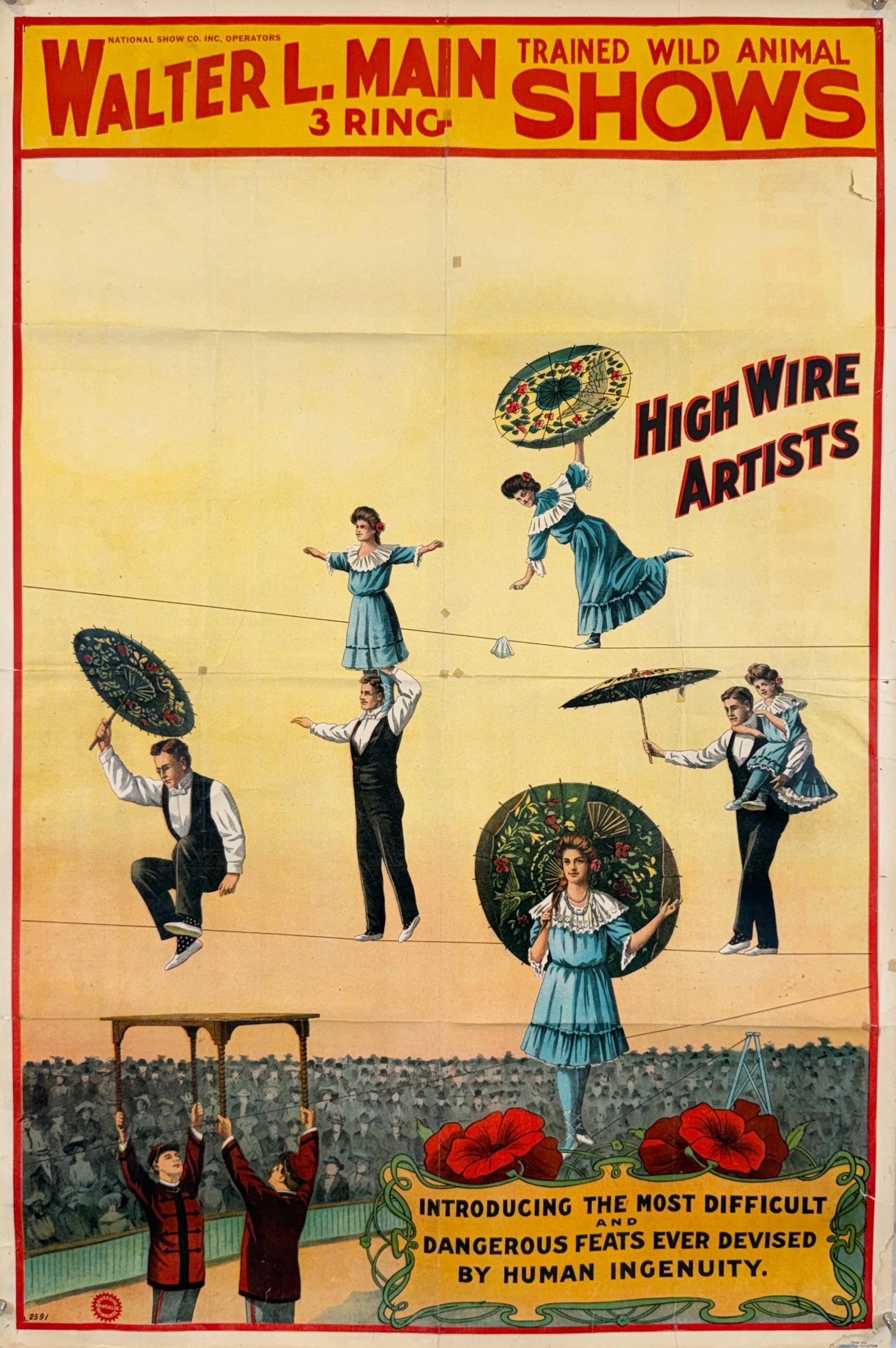 Walter L. Main Circus Poster: Original, authentic circus poster - Walter L. Main 3 Ring Trained Wild Animal Shows - High Wire Artists. Milwaukee-Riverside Printing, c.1920. One sheet, unmounted, tape on verso, folds as issued.
