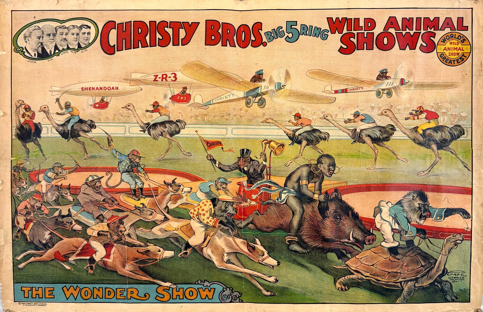 Christy Bros. Wild Animal Shows Poster: Original, authentic circus poster - Christy Bros. - The Wonder Show. Old Erie Litho, c.1920's. One sheet, old linen mounting. Wear and minor areas of loss at margins, old fold lines. Approx. 28'x42"