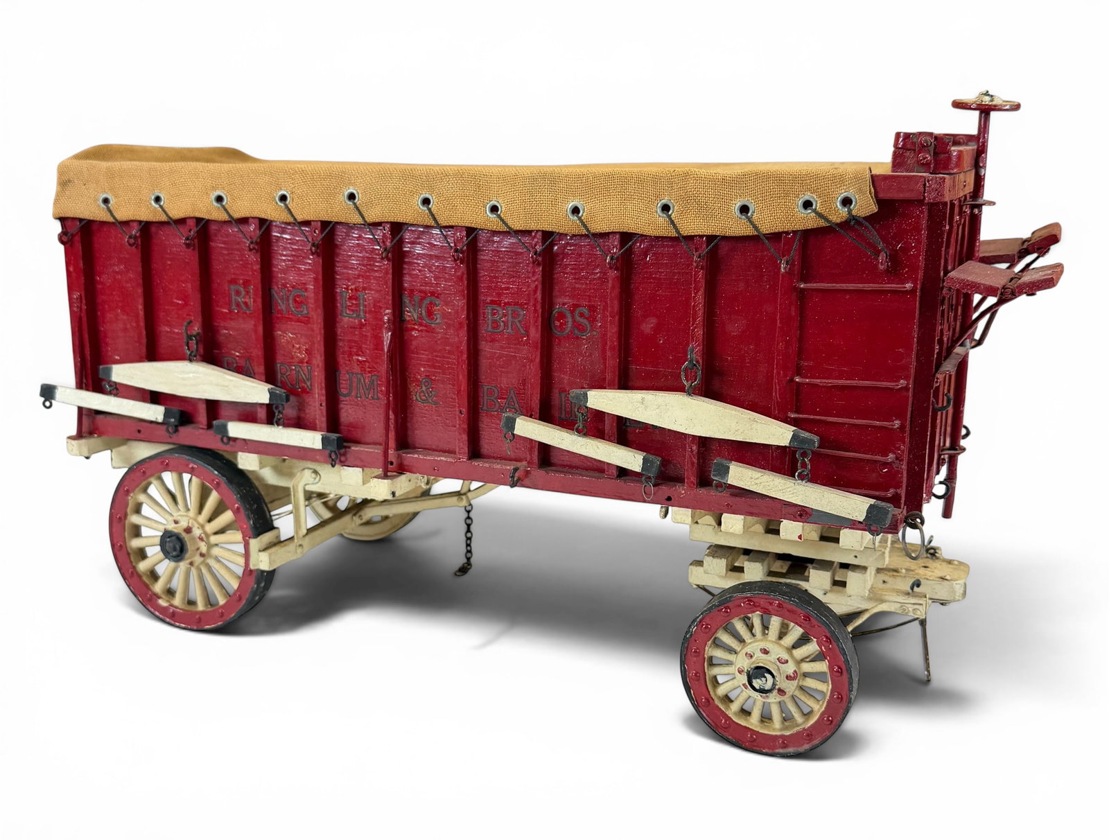 Folk Art Ringling Bros. Barnum Bailey Circus Wagon Model #123: Original, vintage scratch-built baggage wagon #123. Unsigned. 18"x8"x11"