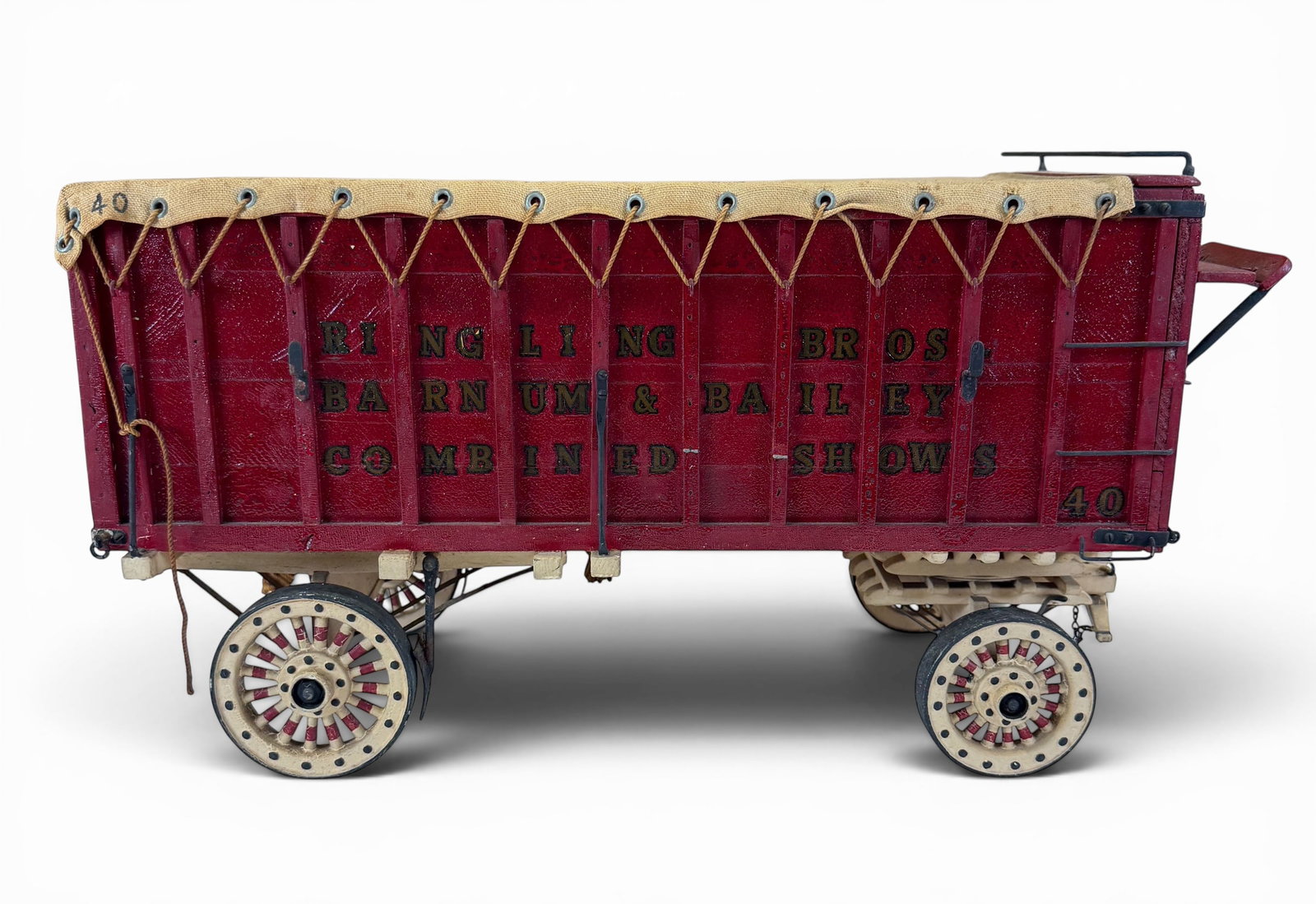Folk Art Ringling Bros. Barnum Bailey Circus Wagon Model #40: Original, vintage scratch-built baggage wagon #40. Unsigned. 19"x8"x11"