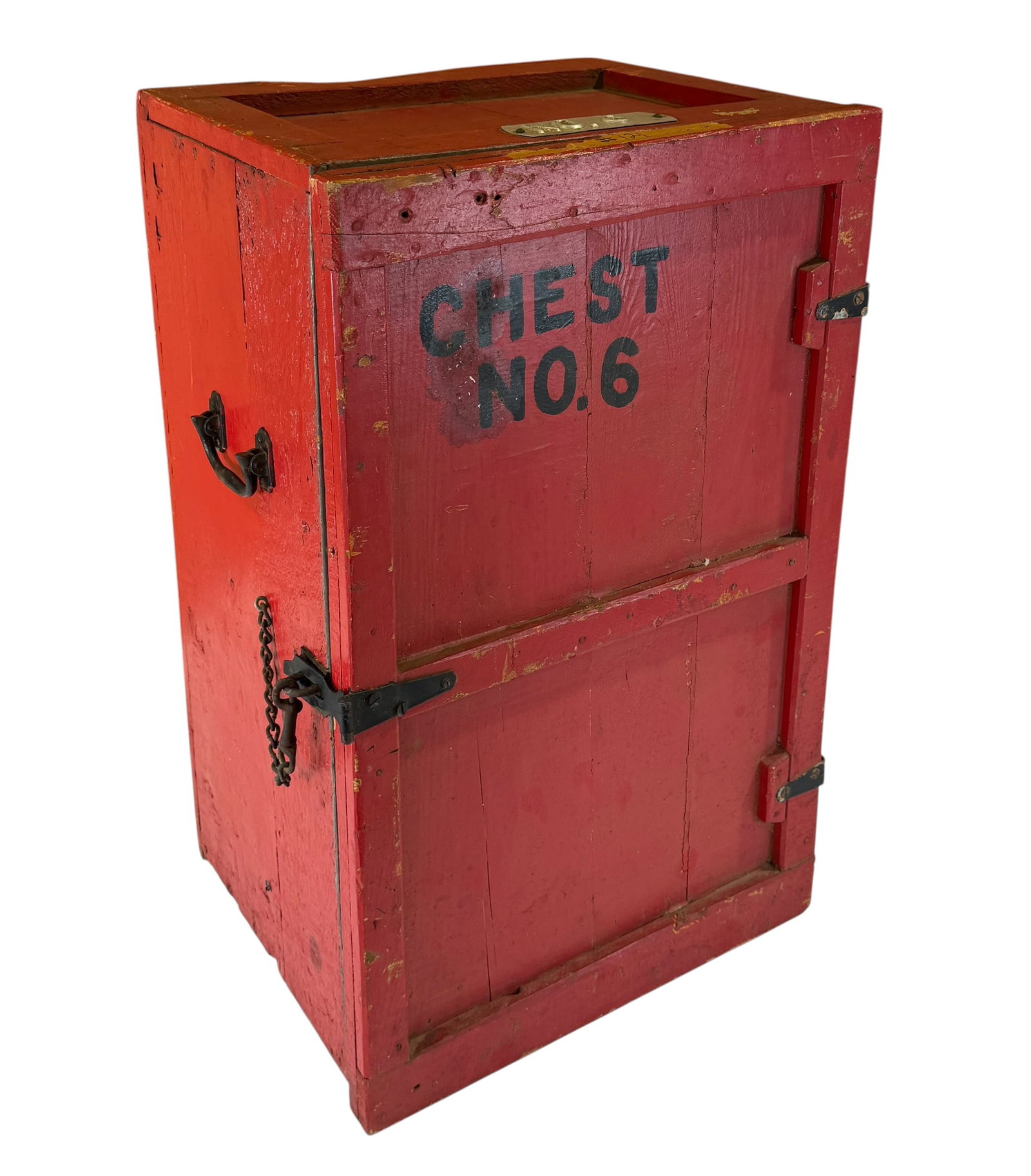 Circus Model Transport Crate: Vintage handmade wooden crate, believed to be an early Howard Bros. (Tibbals) example. Identified as Chest No. 6, handled, hasp. Two internal compartments for wagons #41 and 35. Overall 16"w, 13"d, 25