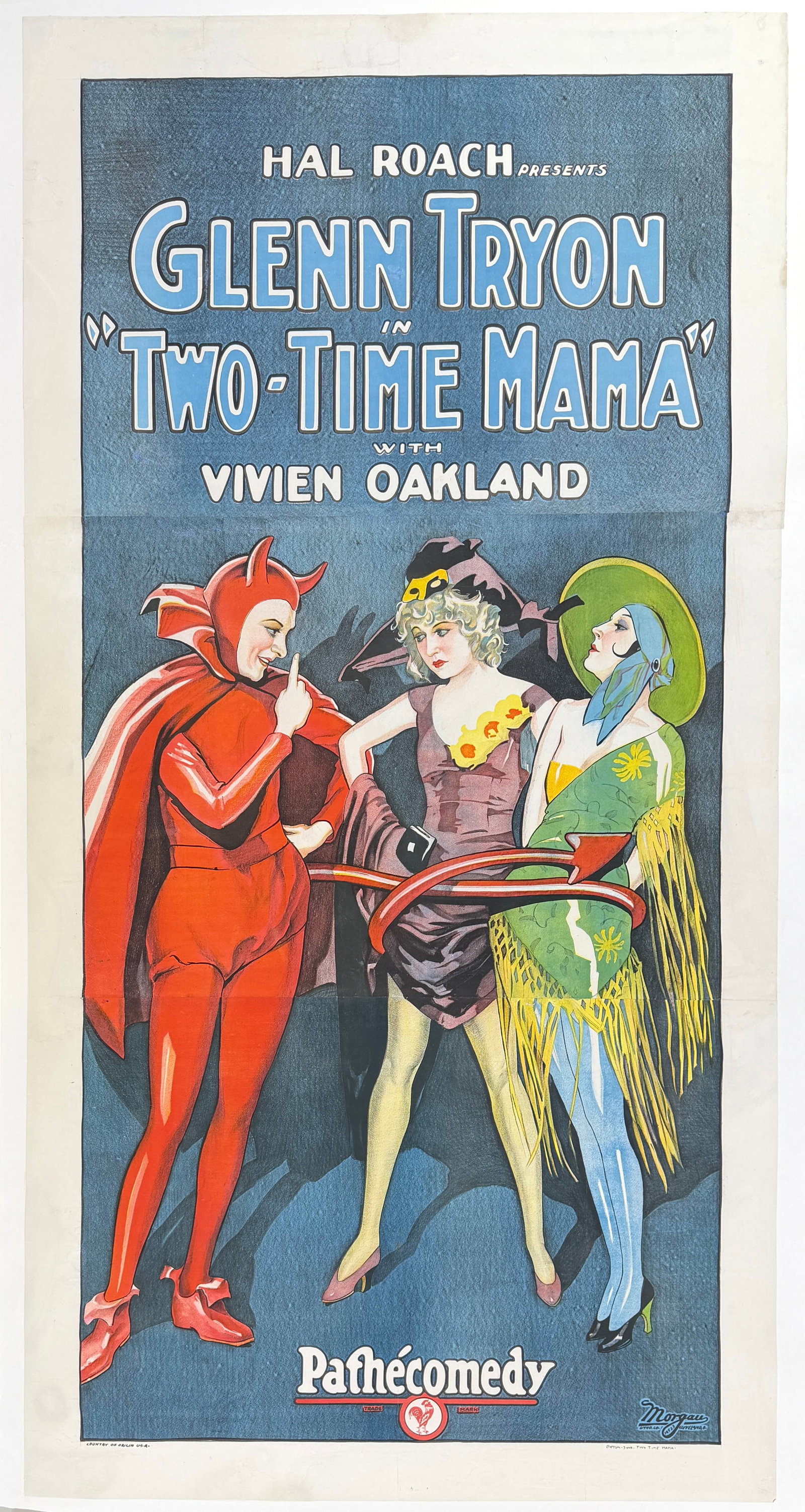 Two-Time Mama Motion Picture Poster: Magificent, three sheet! Original, authentic poster for the 1927 Silent Film presented by Hal Roach, Two-Time Mama featuring Vivien Oakland. Morgan Litho., Cleveland, Ohio, 1927. Professionally conser