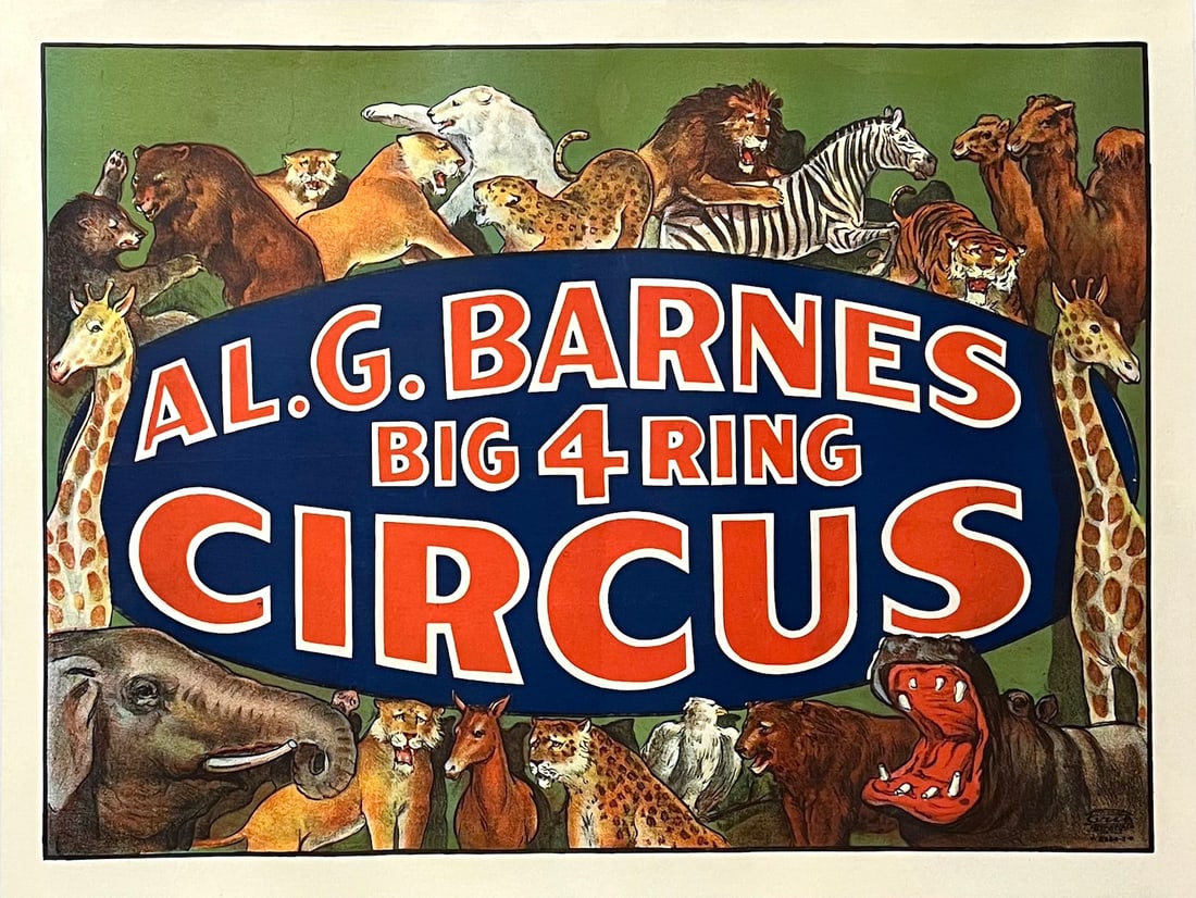 AL G BARNES BIG 4-RING CIRCUS POSTER: This handsome half-sheet bill by Erie Litho depicts an impressive collection rare and exotic wild animals, as featured in the shows gigantic menagerie. 1933. Approx. 28x30? - Cond. A-, Professionally