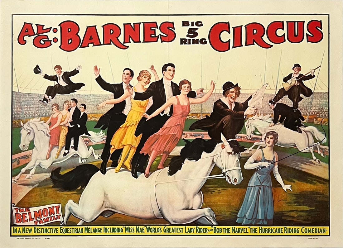 AL G BARNES BIG 5-RING CIRCUS POSTER: Another outstanding half-sheet bill by Erie Litho, 1933, this one pictures ?THE BELMONT FAMILY? of Bareback Riders. Approx. 28x30? - Cond. A-, Professionally conserved on archival linen, with