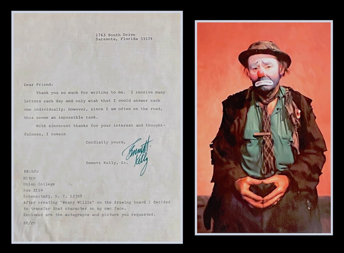 EMMETT KELLY (SR.) ORIGINAL SIGNED LETTER: A handsome matted piece, featuring an original typewritten letter, signed in green felt-tip ink, accompanied by a classic color image of Kelly as ?Weary Willie.?? 1970. Approx. 12x16?. Cond B+.?