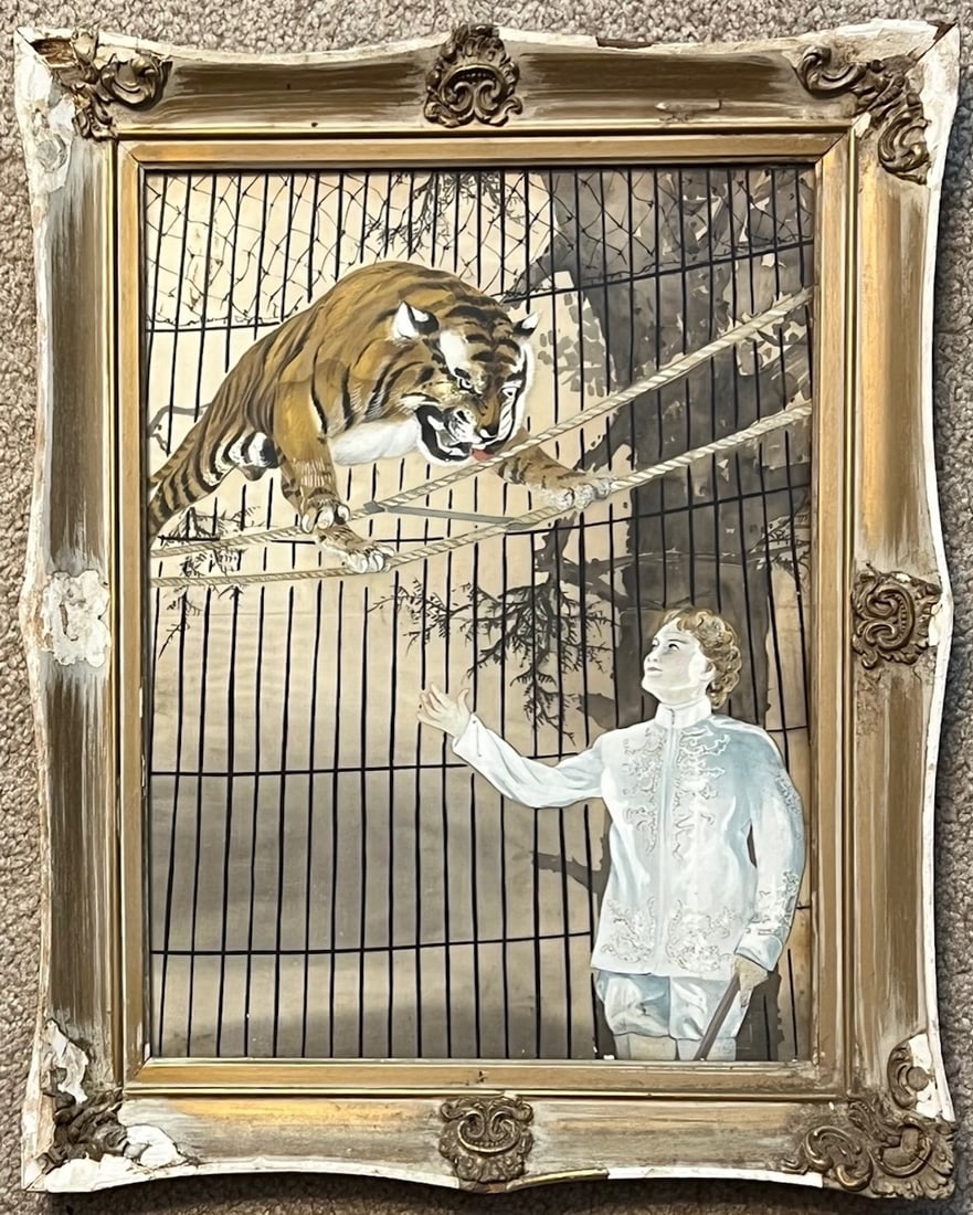 MABEL STARK ORIGINAL JAPANESE PAINTING ON SILK: After spending a few years with her tigers in Japan,? animal trainer Mabel Stark returned to the USA with a lot of memories, stories, and some marvelous souvenirs of her time in the orient.? This
