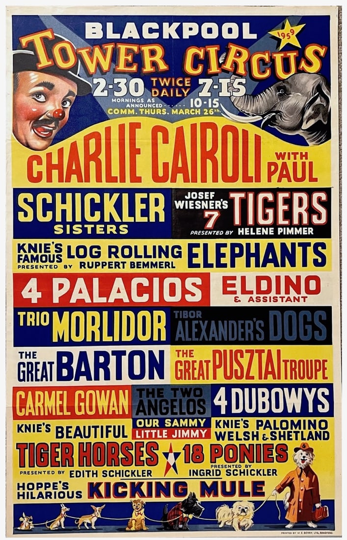 BLACKPOOL TOWER CIRCUS POSTER: ORIGINAL ONE-SHEET POSTER, ENGLAND, 1959. A third (and the last offered here) from the celebrated Blackpool Tower Circus, bearing the names of numerous well-known featured acts on the bill.? Lavishly