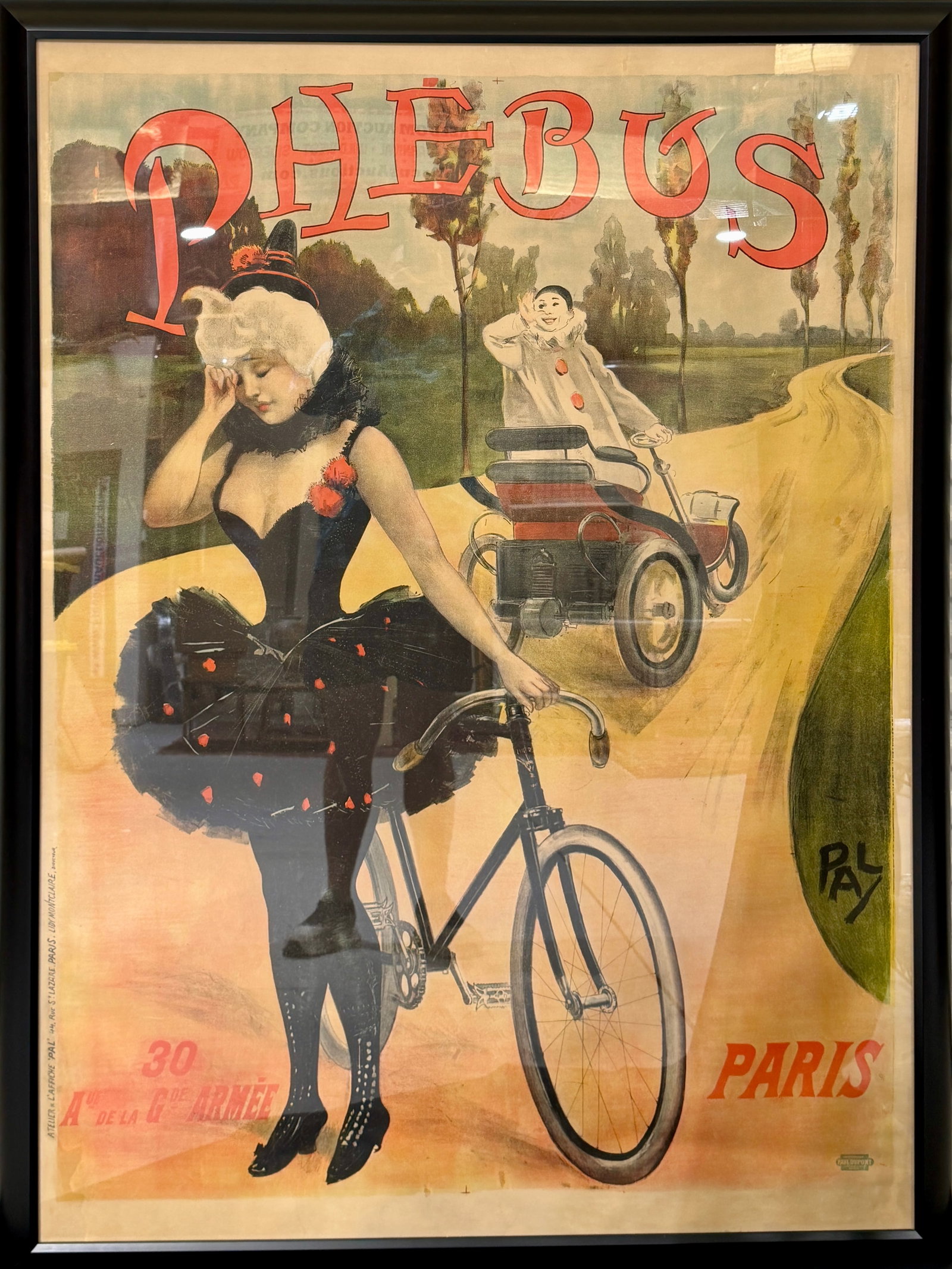 PHEBUS POSTER - JEAN DE PALEOLOGU PAL: PHEBUS LITHOGRAPH ART POSTER - PARIS. ART BY JEAN DE PALEOLOGU - PAL (1885-1942). ADVERTISING FOR FRENCH AUTO AND BICYCLE MANUFACTURER, PHEBUS, C.1890. PAUL DUPONT - PARIS. PROFESSIONALLY CONSERVED