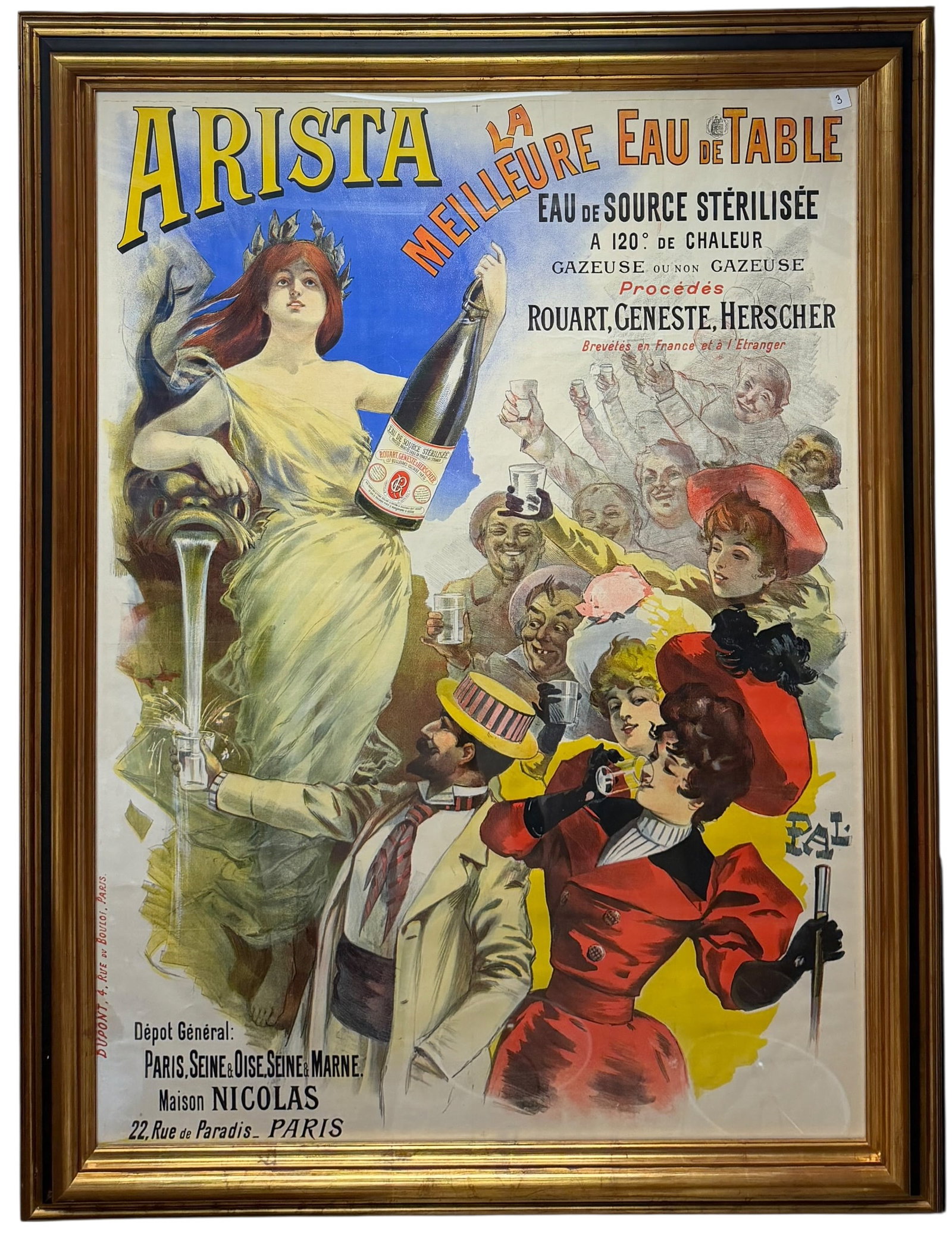 ARISTA POSTER - JEAN DE PALEOLOGUE: LITHOGRAPH ART POSTER ADVERTISING FOR ARISTA - MINERAL WATER, C.1894. ART BY JEAN DE PALEOLOGU (1885-1942). PROFESSIONALLY CONSERVED ON ARCHIVAL LINEN. PROFESSIONALLY MOUNTED IN GILT FRAME WITH EBONY
