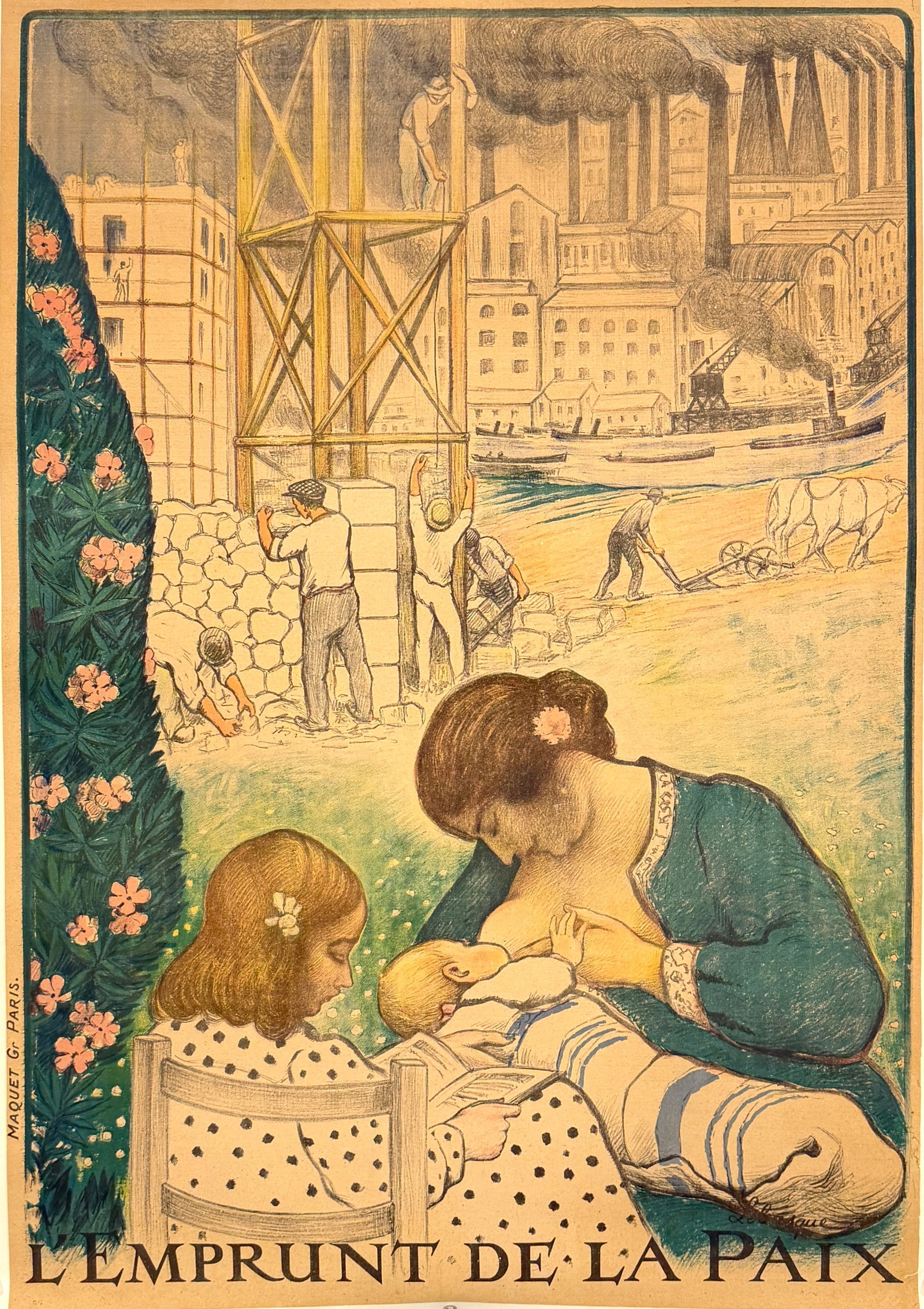 THE PEACE LOAN POSTER - HENRI LEBASQUE: LITHOGRAPH ART POSTER, L'EMPRUNT DE LA PAIX, THE PEACE LOAN. ART BY HENRI LEBASQUE (1865-1937) AND PRINTED BY MAQUET IN PARIS. UNFRAMED. PROFESSIONALLY CONSERVED ON ARCHIVAL LINEN. 32"X45"