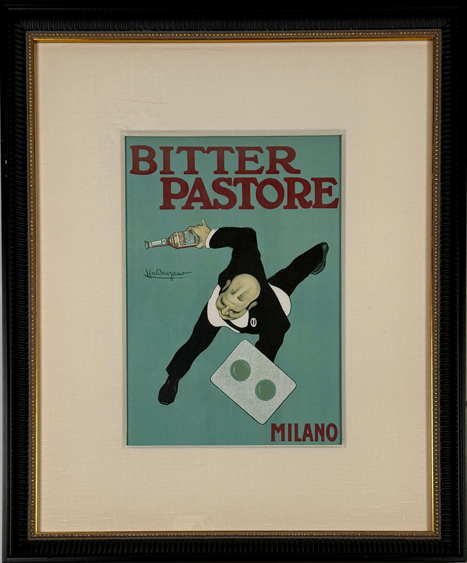 BITTER PASTORE POSTER - LUIGI EMILIO CALDANZANO: LITHOGRAPH ART POSTER ADVERTISING FOR BITTER PASTORE, APERTIF. ART BY LUIGI EMILIO CALDANZANO (1880-1928). 14.5"X17.5", SIGHT 7"X10". PROFESSIONALLY FRAMED IN BLACK WITH GOLD TRIM. HAS NOT BEEN