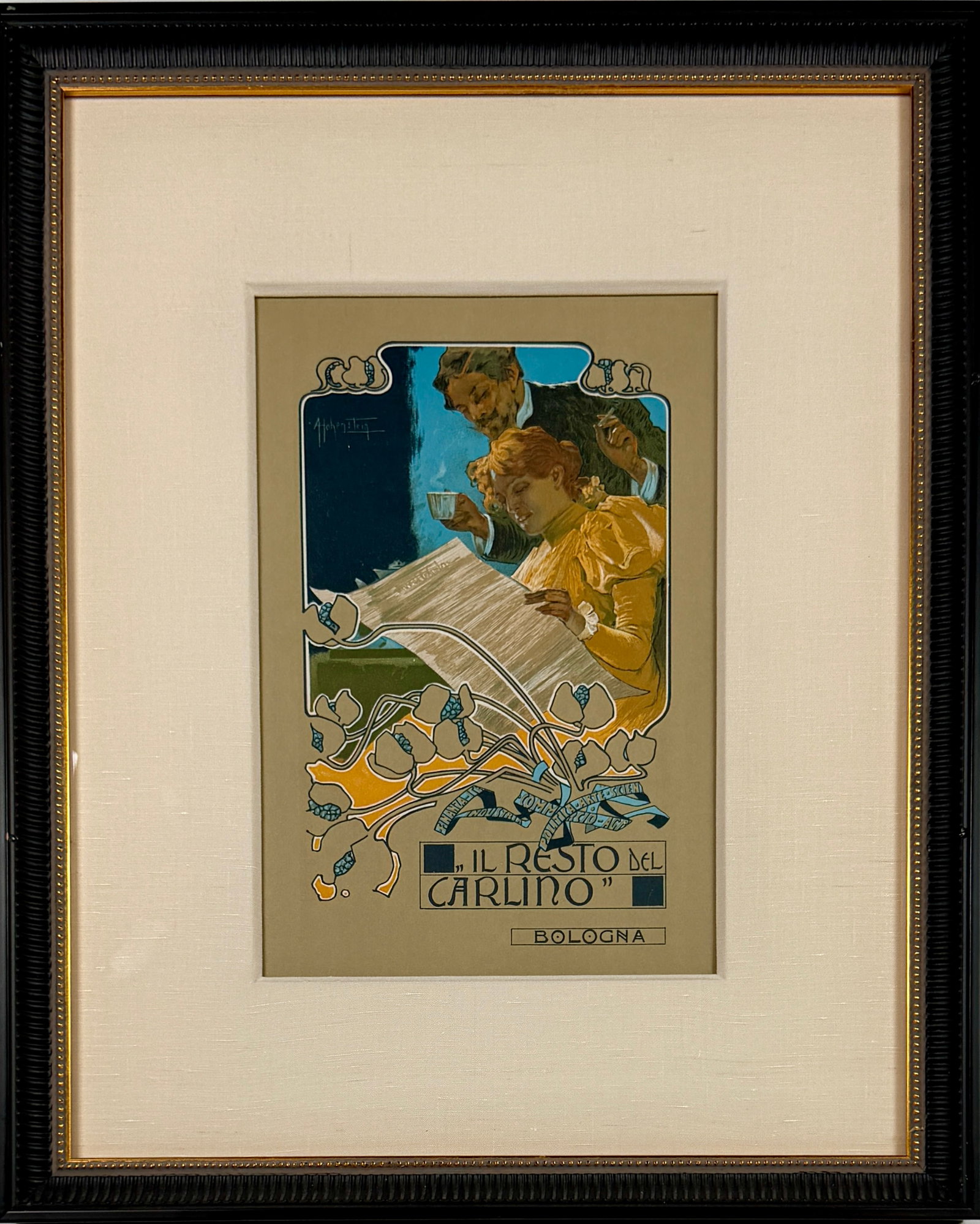 RESTO DEL CARLINO POSTER - ADOLF HOHENSTEIN: LITHOGRAPH ART POSTER ADVERTISING FOR RESTO DEL CARLINO. ART BY ADOLF HOHENSTEIN (1854-1928). PRINTED BY G. RICORDI AND C. MILANO. 14.5"X17.5", SIGHT 7"X10". PROFESSIONAL FRAMED IN BLACK WITH GOLD TRI