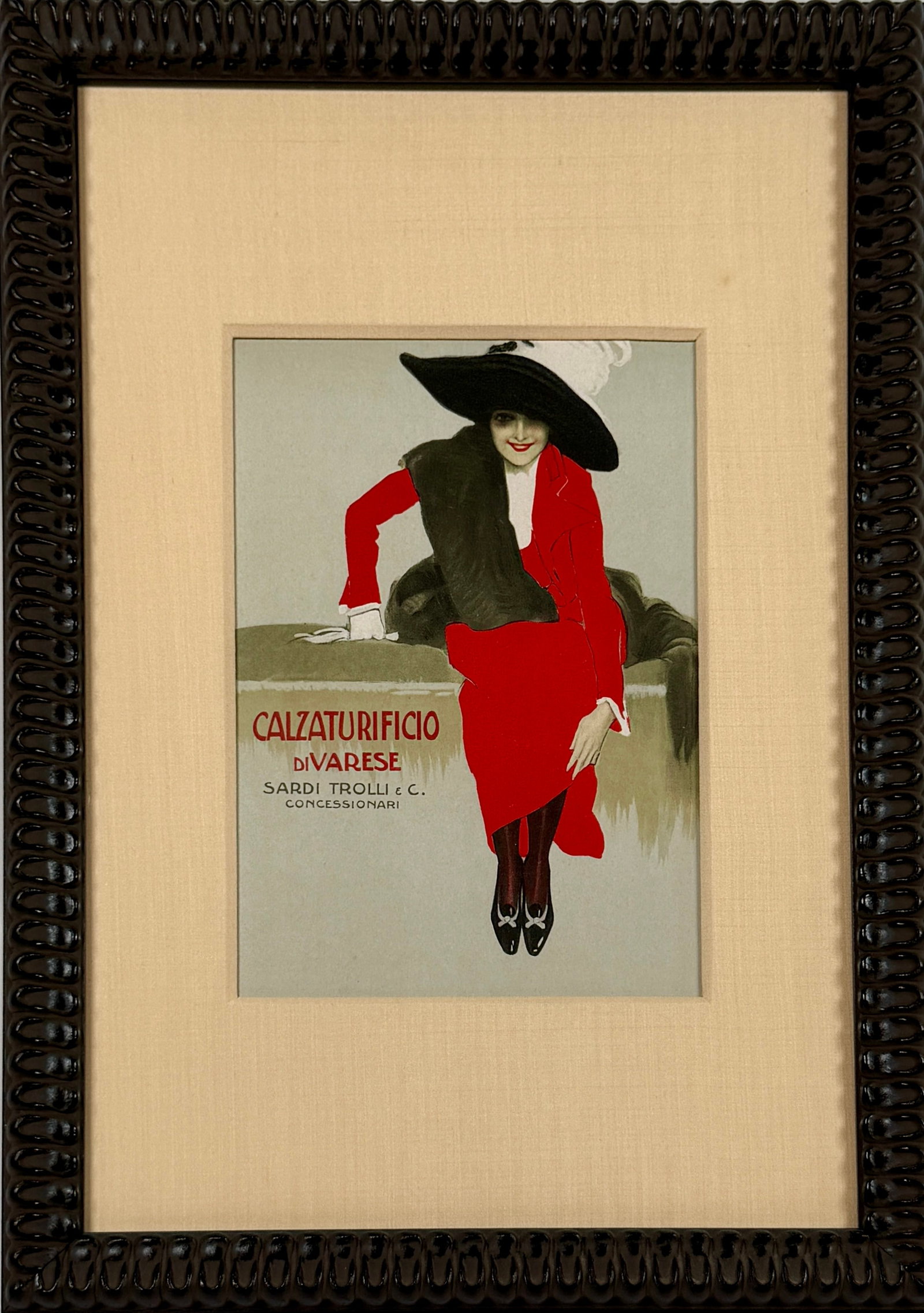 CALZATURIFICIO DI VARESE POSTER - L. METLCOVITZ: LITHOGRAPH ART POSTER ADVERTISING FOR SHOE FACTORY. ART BY LEOPOLDO METLICOVITZ (1868-1944). RICORDI PRINTER. 14"X10", SIGHT 6.5"X9". PROFESSIONALLY FRAMED.