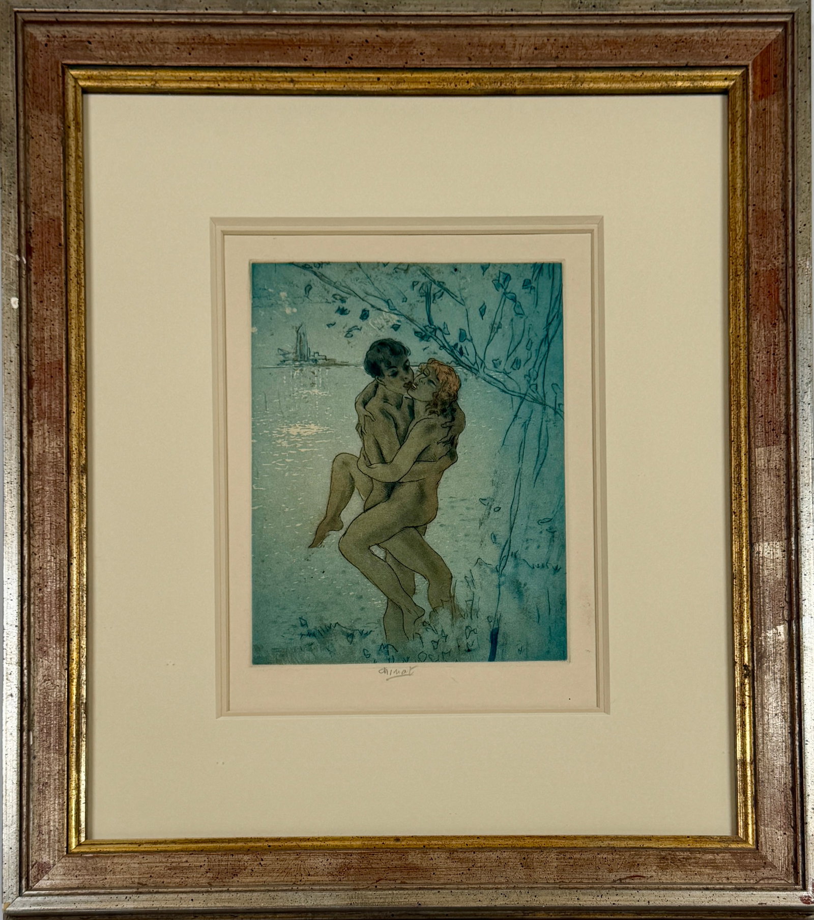 APHRODITE - LOVERS COLORED ENGRAVING - CHIMOT: FROM THE APHRODITE SERIES BY PIERRE LOUYS - LOVERS COLORED ENGRAVING BY EDOUARD CHIMOT. SIGNED IN GRAPHITE. FRAMED. OVERALL 16"X18", SIGHT 7.5"X10"