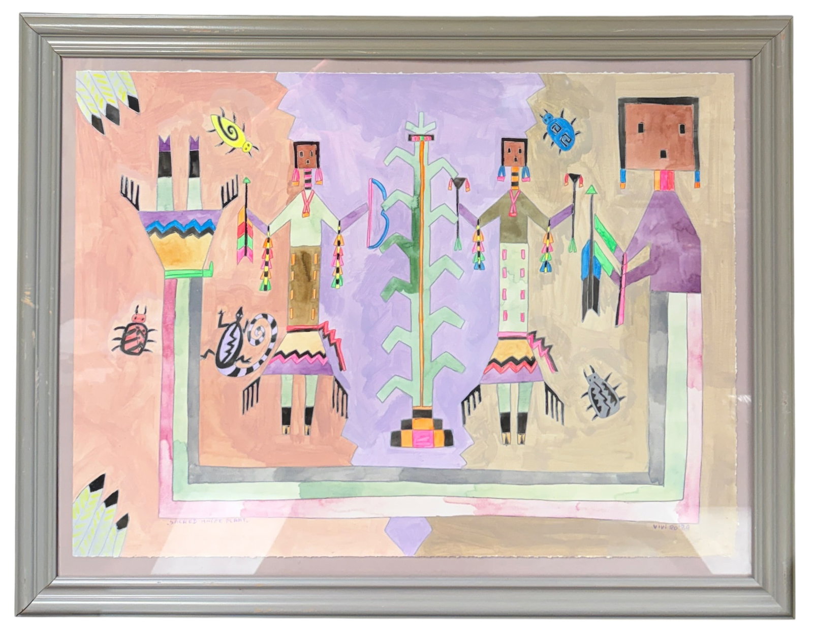 VIVI RO WATERCOLOR NATIVE AMERICAN PAINTING: SIGNED VIVI RO, WATERCOLOR PAINTING TITLED: SACRED MAIZE PLANT. ON PAPER, FRAMED. OVERALL 28"X36"