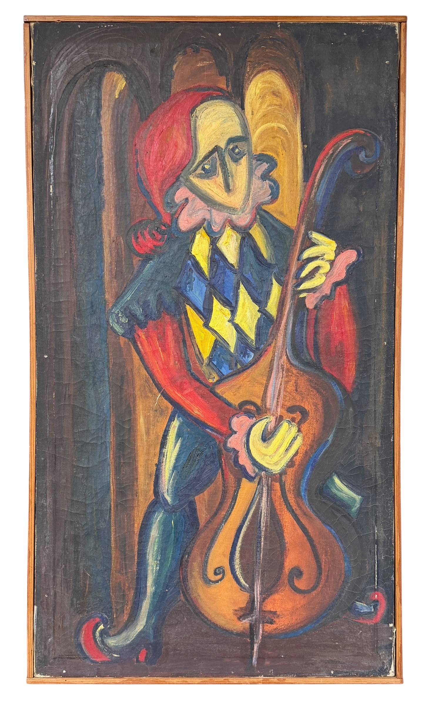 VINTAGE HARLEQUIN MUSICIAN PAINTING: OIL ON CANVAS PAINTING OF HARLEQUIN MUSICIAN, UNSIGNED. 19"X33"