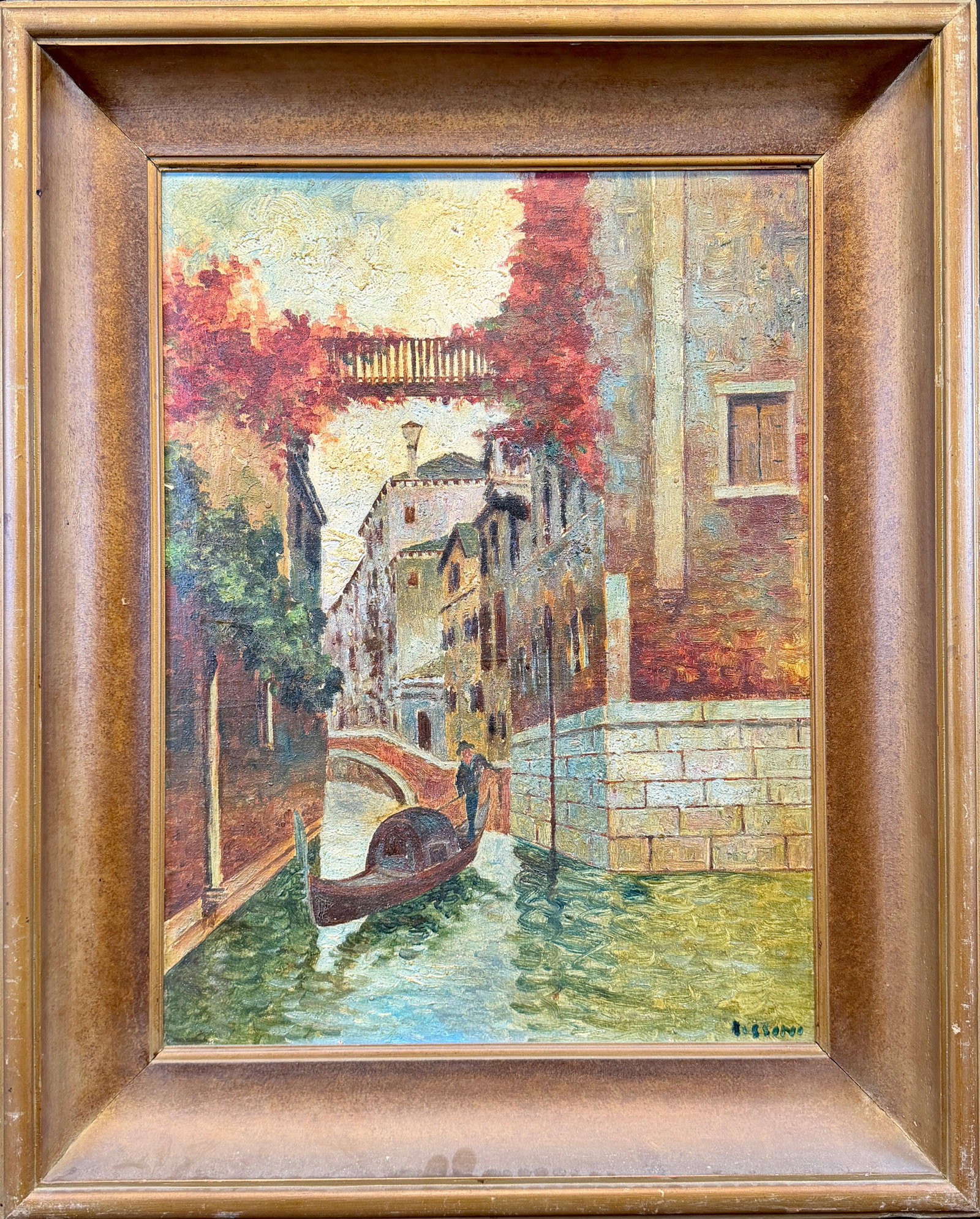 VINTAGE VENETIAN PAINTING - ROSSINI: ACRYLIC ON BOARD OF VENETIAN WATERWAY SCENE. SIGNED ROSSINI. FRAMED, 24"X31" OVERALL.