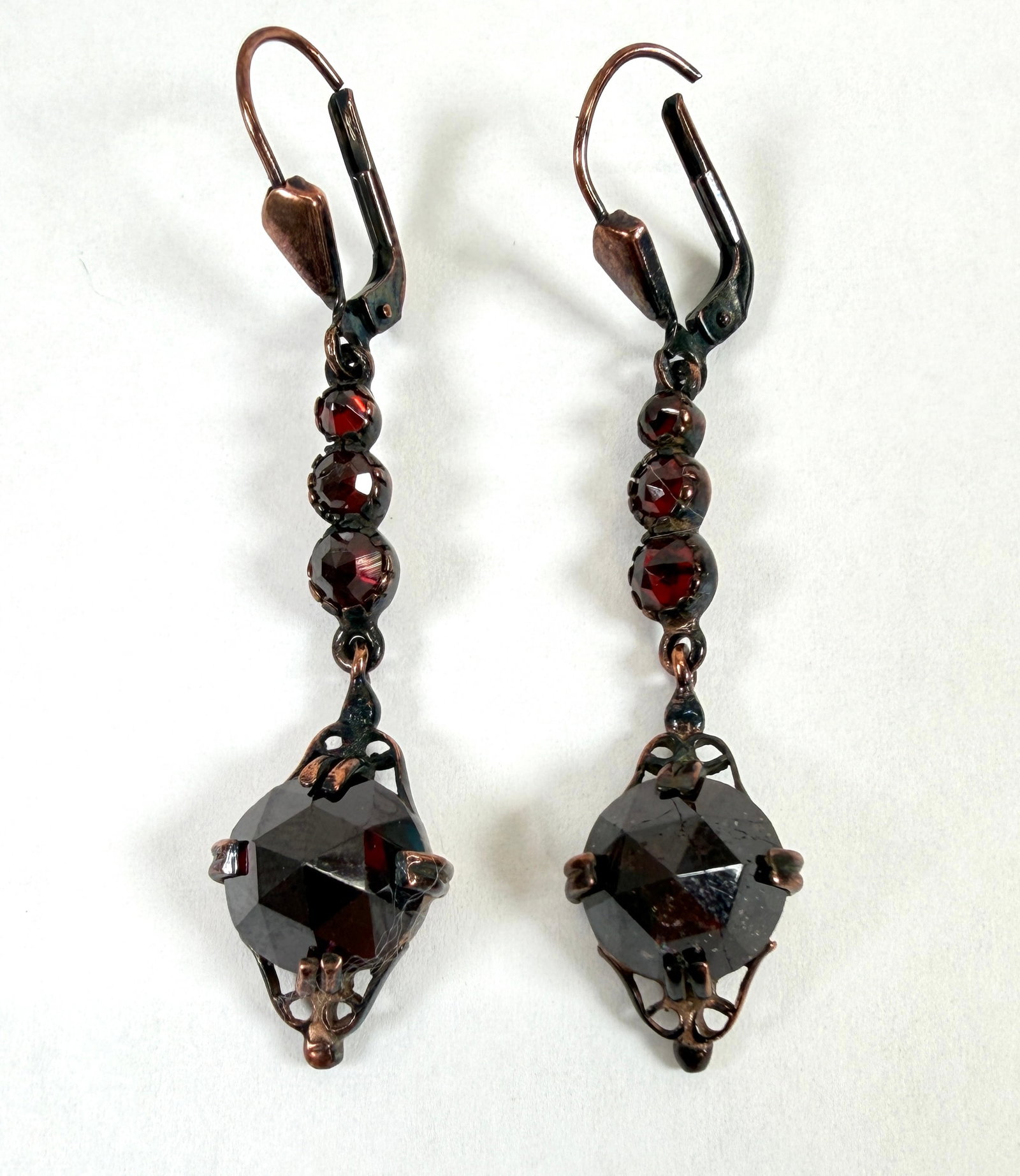 VICTORIAN GARNET ON VERMEIL EARRINGS: PAIR OF VINTAGE GARNET ON VERMEIL EARRINGS. 1.25" DROP