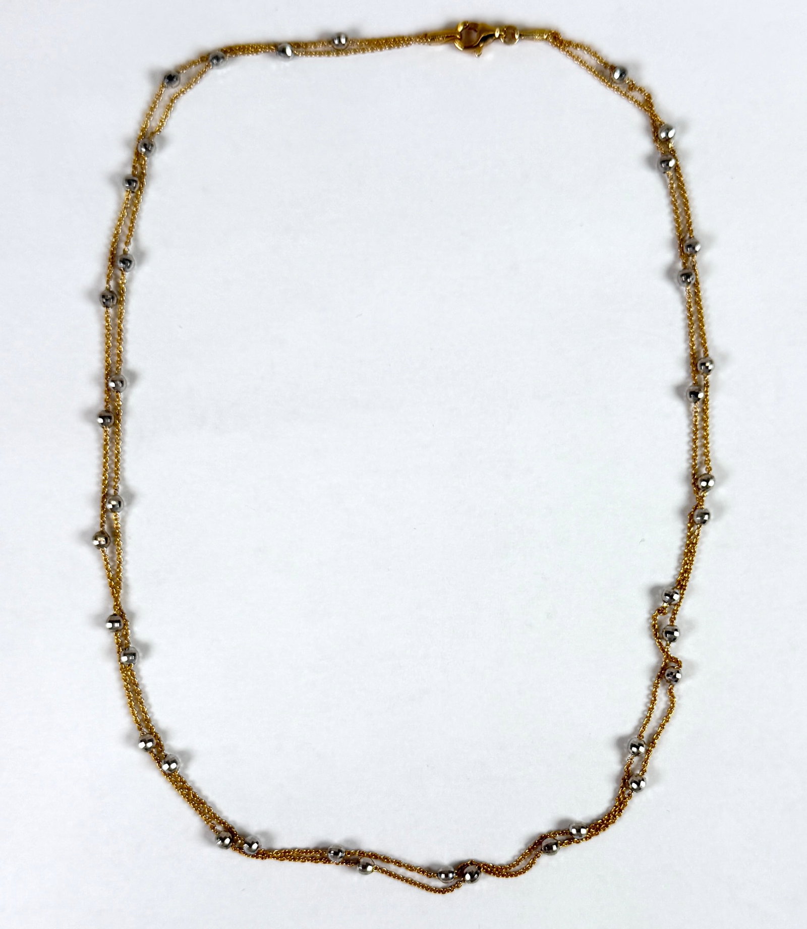 14K GOLD WITH PRISM BEAD NECKLACE: DOUBLE STRAND. 5.8 GRAMS, 16"