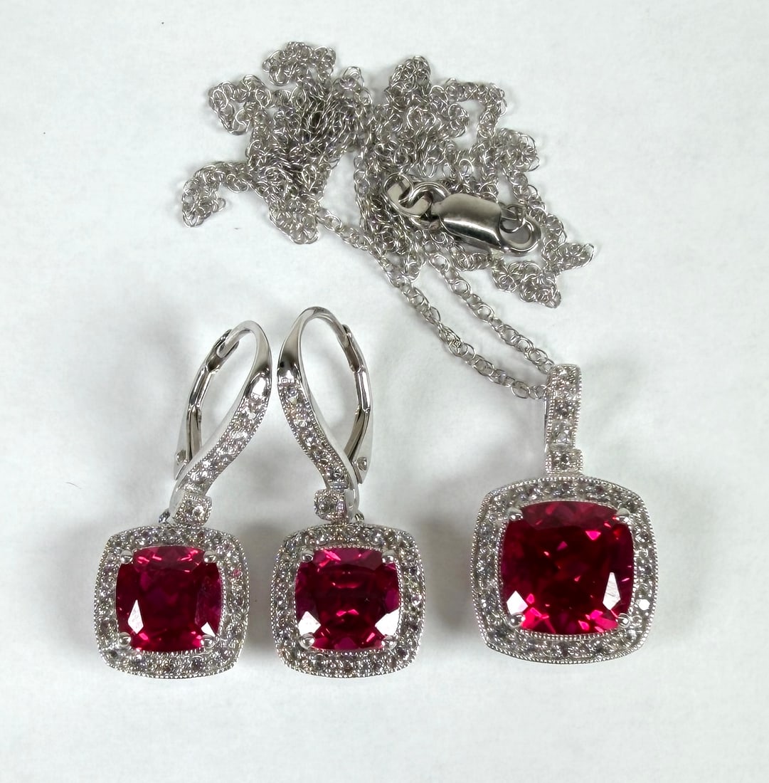 14K GOLD JEWELRY SET: CUSHION CUT LAB RUBY WITH SURROUNDING CZ. NECKLACE WITH PENDANT - 18". 8 GRAMS IN TOTAL WEIGHT.