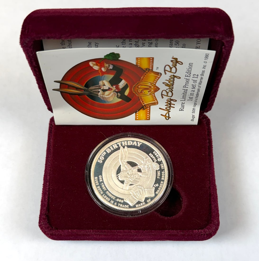 HAPPY BIRTHDAY BUGS ONE OUNCE SILVER COIN: LIMITED EDITION PROOF ONE OUNCE SILVER BUGS BUNNY 999 SILVER COINS - RARITIES MINT, INC.