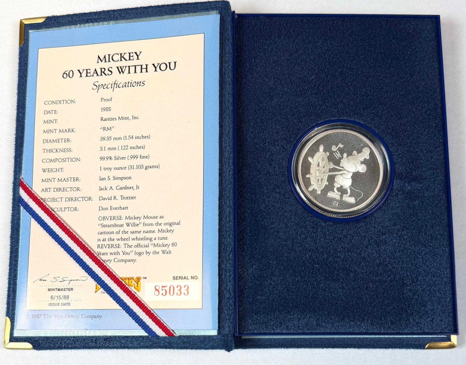 DISNEY - MICKEY MOUSE SILVER COIN: LIMITED EDITION PROOF ONE OUNCE SILVER STEAMBOAT WILLIE 999 FINE SILVER COINS. 60 YEARS WITH YOU COLLECTORS EDITION, 1988. ORIGINAL BOX, HOLDER AND PAPERS.