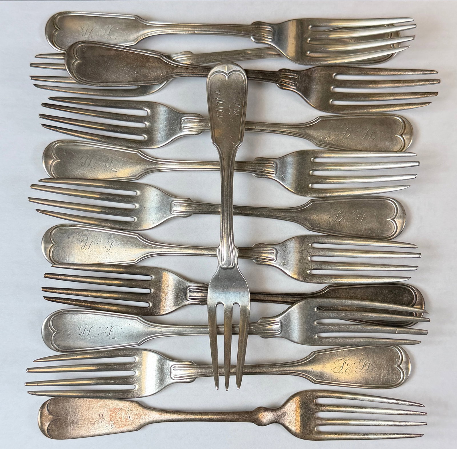 A. COLES COIN SILVER FLATWARE: 497 GRAMS IN TOTAL WEIGHT. ALL MARKED A. COLES EXCEPT FOR ONE MARKED H. SALISBURY.