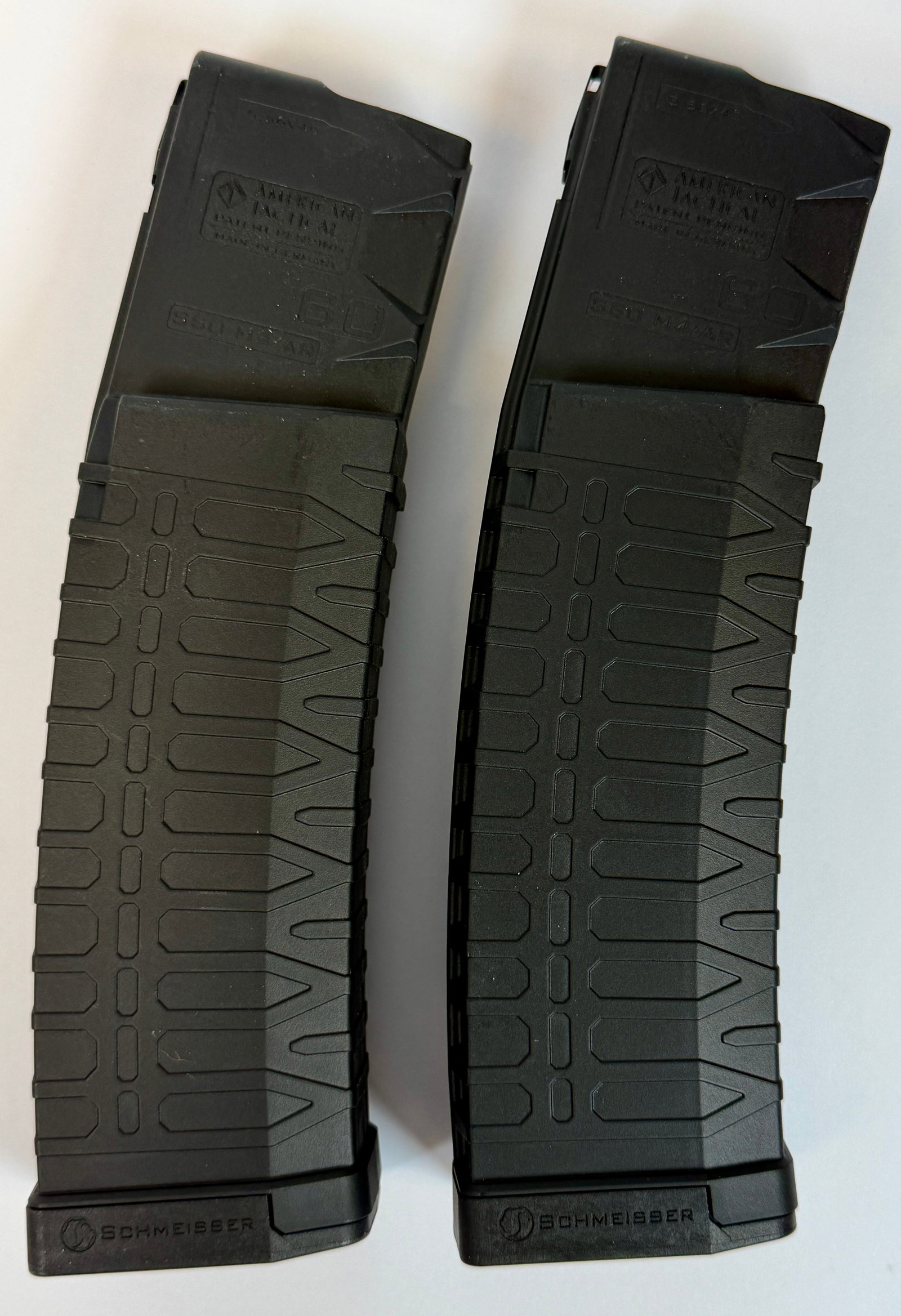 M4/AR 60 ROUND MAGAZINES: PAIR OF AMERICAN TACTICAL - GERMANY BY SCHMEISSER S60/MF/AR MAGAZINE. 60 ROUND MAG FOR MF/AR 5.56X45 NATO OR .223 REMINGTON. ALSO COMPATIBLE WITH FN SCAR MK16/16S, SA-80, HK416, M27. DOMESTIC ONLY,