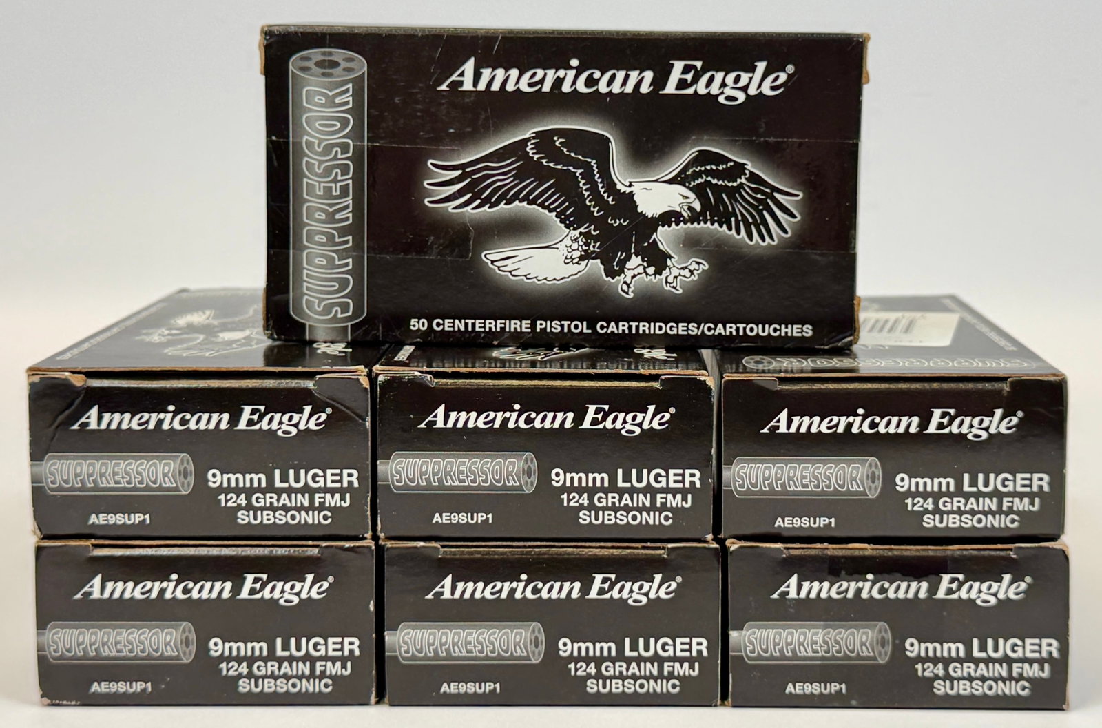 AMERICAN EAGLE 9MM LUGER AMMUNITION: 7 BOXES, 350 ROUNDS OF 9MM AMMUNITION. SUBSONIC. DOMESTIC ONLY, EXCLUDING CALIFORNIA