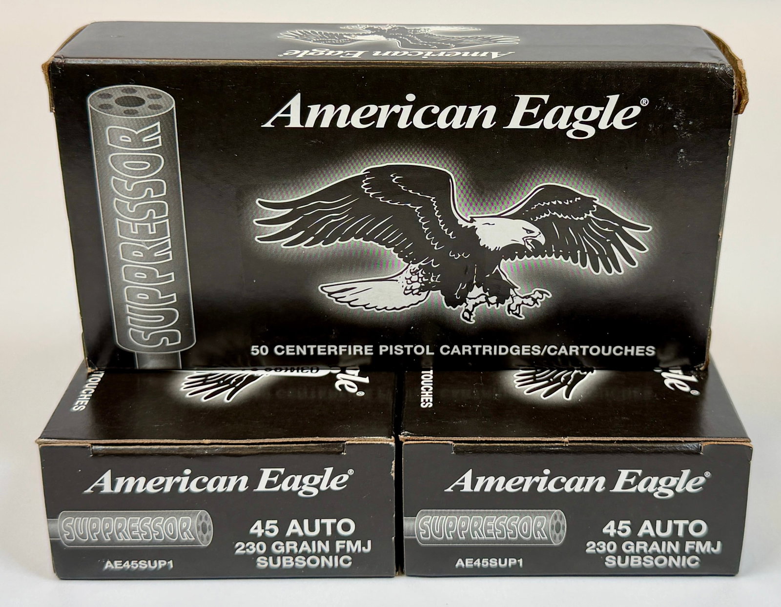 AMERICAN EAGLE 45 AUTO AMMUNITION: 3BOXES, 150 ROUNDS, SUBSONIC. DOMESTIC ONLY, EXCLUDING CALIFORNIA