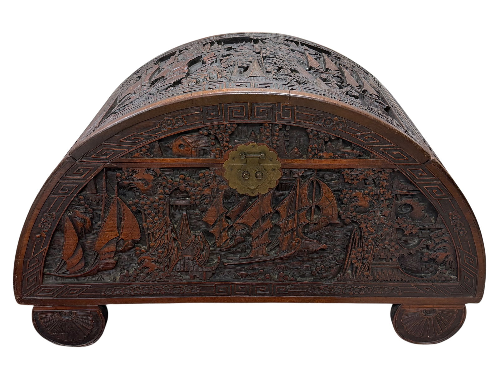 VINTAGE CHINESE CARVED TRUNK: CHINESE CAMPHOR WOOD DOME-TOPPED CHEST, MARITIME SCENES, BRASS HASP. UNSIGNED. 40"W, 20"D, 24"H.