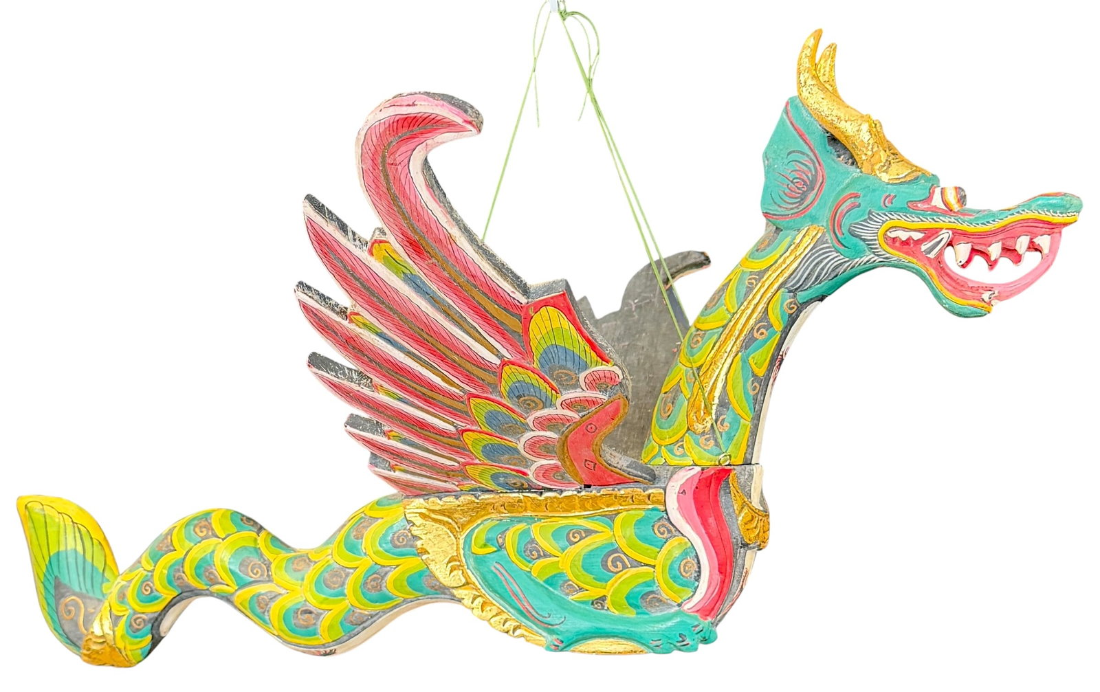 HAND-CARVED BALINESE FLYING DRAGON: HAND-CARVED AND PAINTED, SUSPENDED WOODEN BALINESE DRAGON SCULPTURE. UNSIGNED. REMOVABLE WINGS. 28"L
