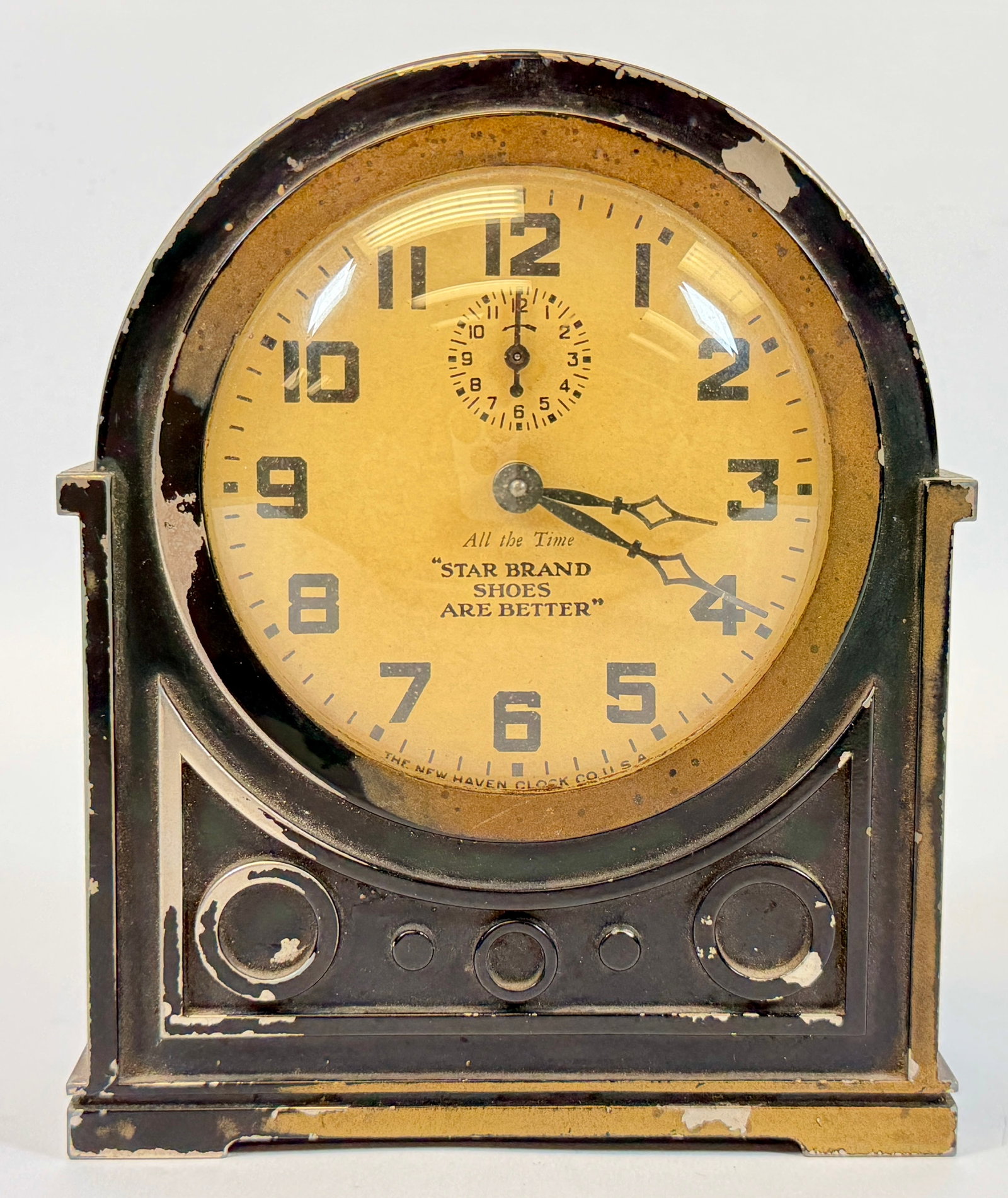 STAR BRAND SHOES ADVERTISING CLOCK: STAR BRAND SHOWS ARE BETTER - ALL THE TIME ADVERTISING CLOCK. METAL CASE. NOT RUNNING WHEN WOUND. 6.25"H