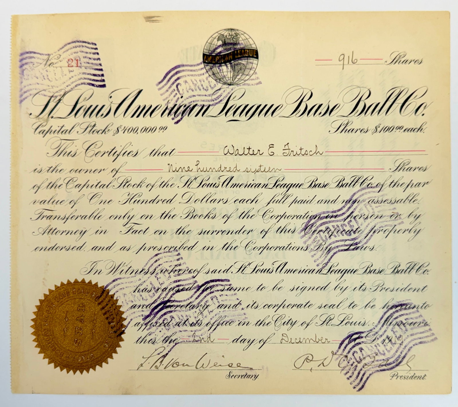 BASEBALL - ST. LOUIS BASEBALL CLUB STOCK CERTIFICATE: ST. LOUIS AMERICAN LEAGUE BASEBALL COMPANY STOCK CERTIFICATE, 916 CERTIFICATES - WALTER E. FRITSCH, 1919.