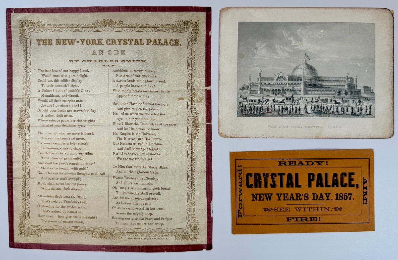 NEW YORK CRYSTAL PALACE MEMORABILIA: INCLUDES AN ODE BY CHARLES SMITH, PHOTOGRAVURE, 1857 ENVELOPE.