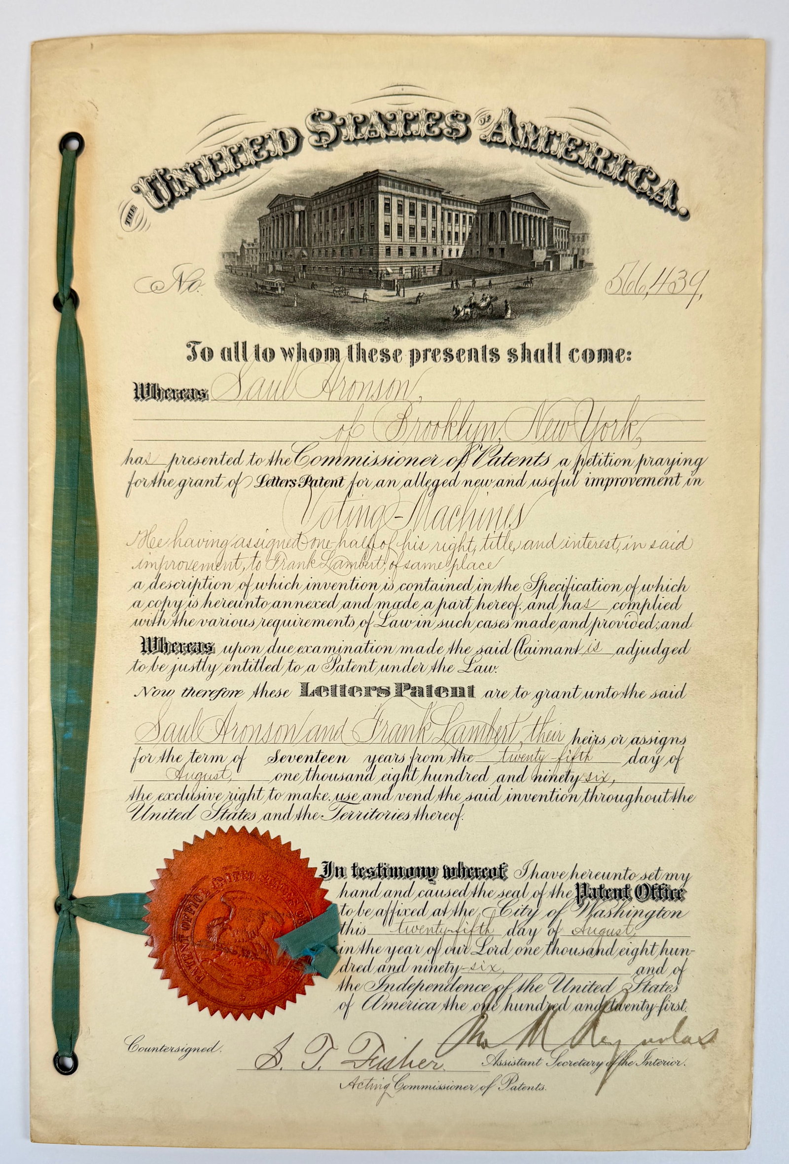 1896 VOTING MACHINE PATENT (1 of 3)