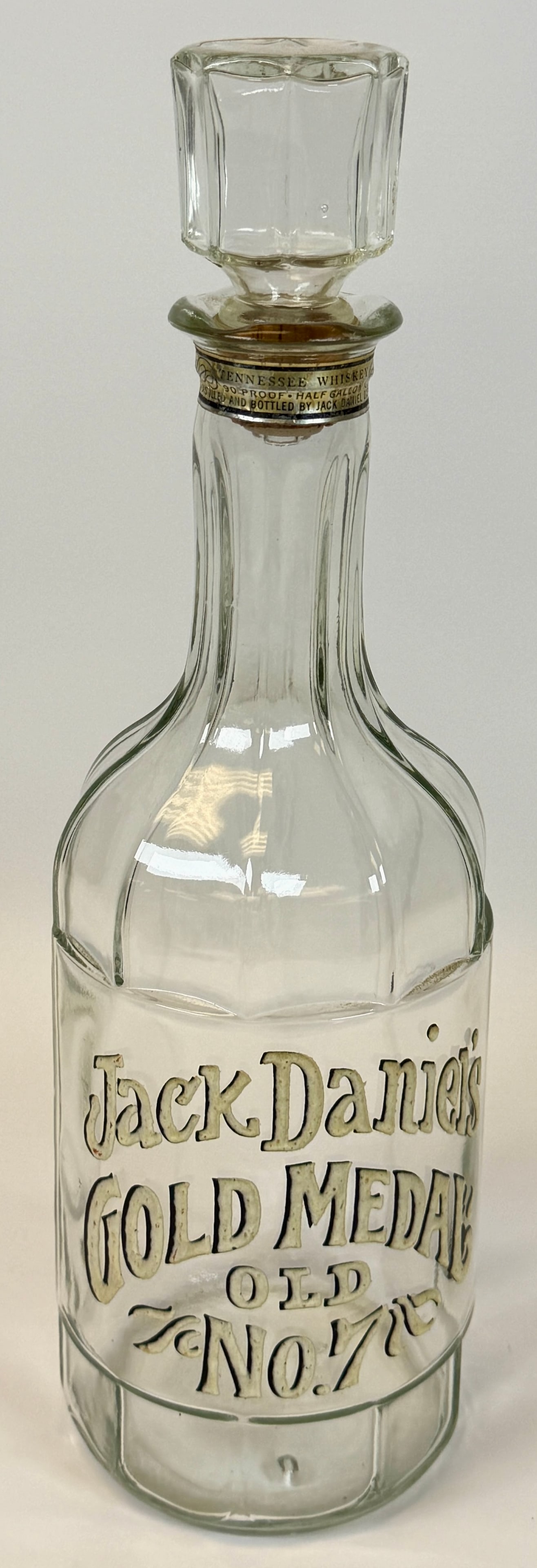 JACK DANIELS WHISKEY DECANTER: VINTAGE JACK DANIELS GOLD MEDAL OLD NO. 7 WHISKEY DECANTER WITH STOPPER. 16"H
