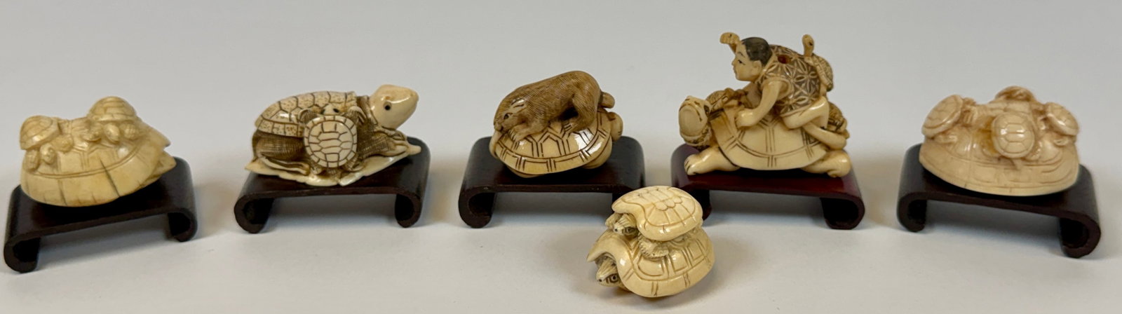 ORGANIC JAPANESE TURTLE NETSUKE COLLECTION: COLLECTION DEDICATED TO TURTLES. INCLUDES FOUR STANDS. MOST SIGNED.