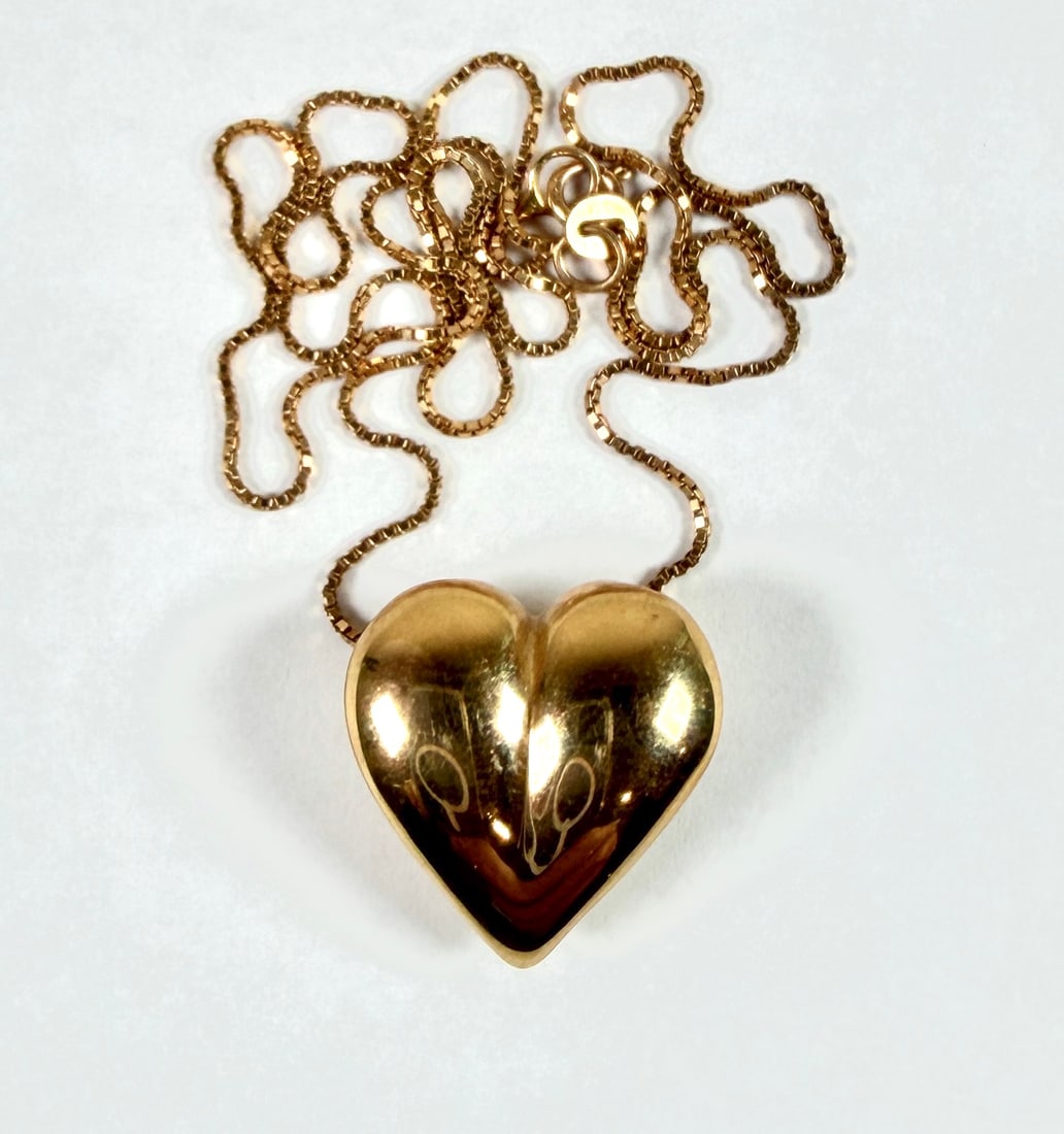 14K GOLD PUFFY HEART PENDANT: 3.5 GRAMS. 17"