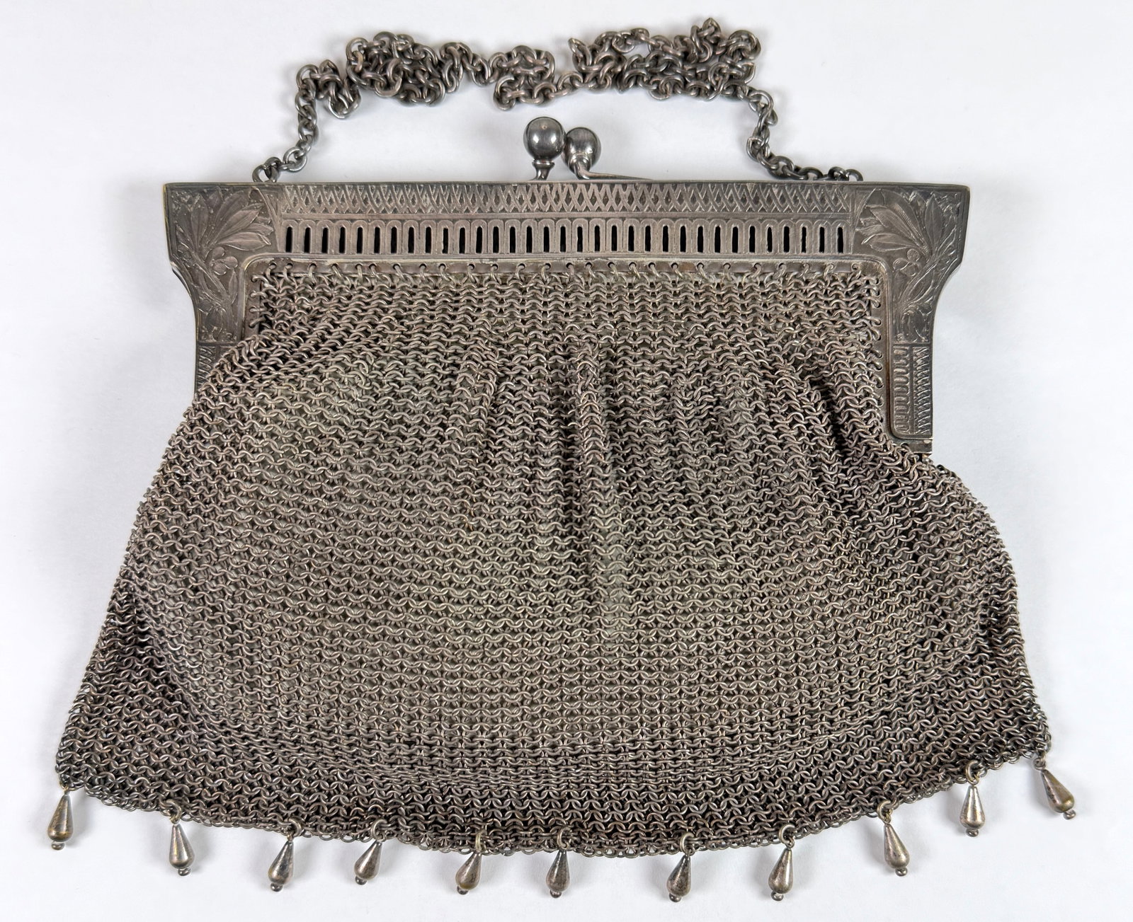 VINTAGE GERMAN SILVER MESH PURSE: MARKED G. SILVER. APPROX. 6"X6"