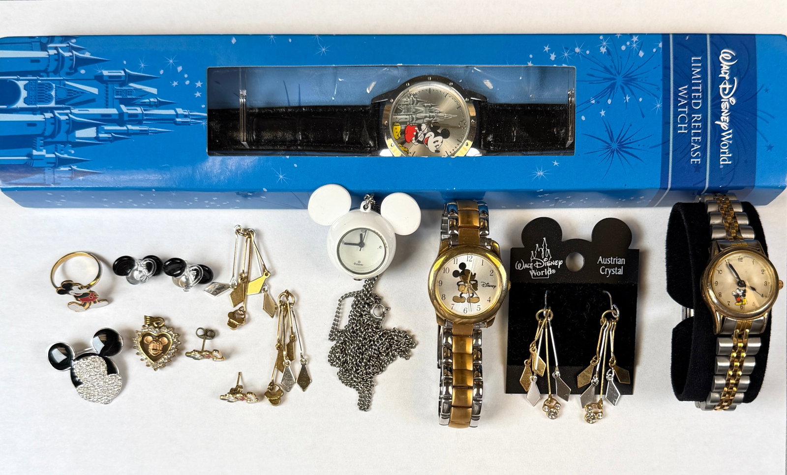 DISNEY - MICKEY MOUSE WATCHES - JEWELRY: MICKEY & CO. WATCH WITH BOX, LIMITED RELEASE WATCH WITH BOX, NECKLACE WITH MICKEY EARS PENDANT WATCH, EARRINGS, PINS, RING, CHARMS.