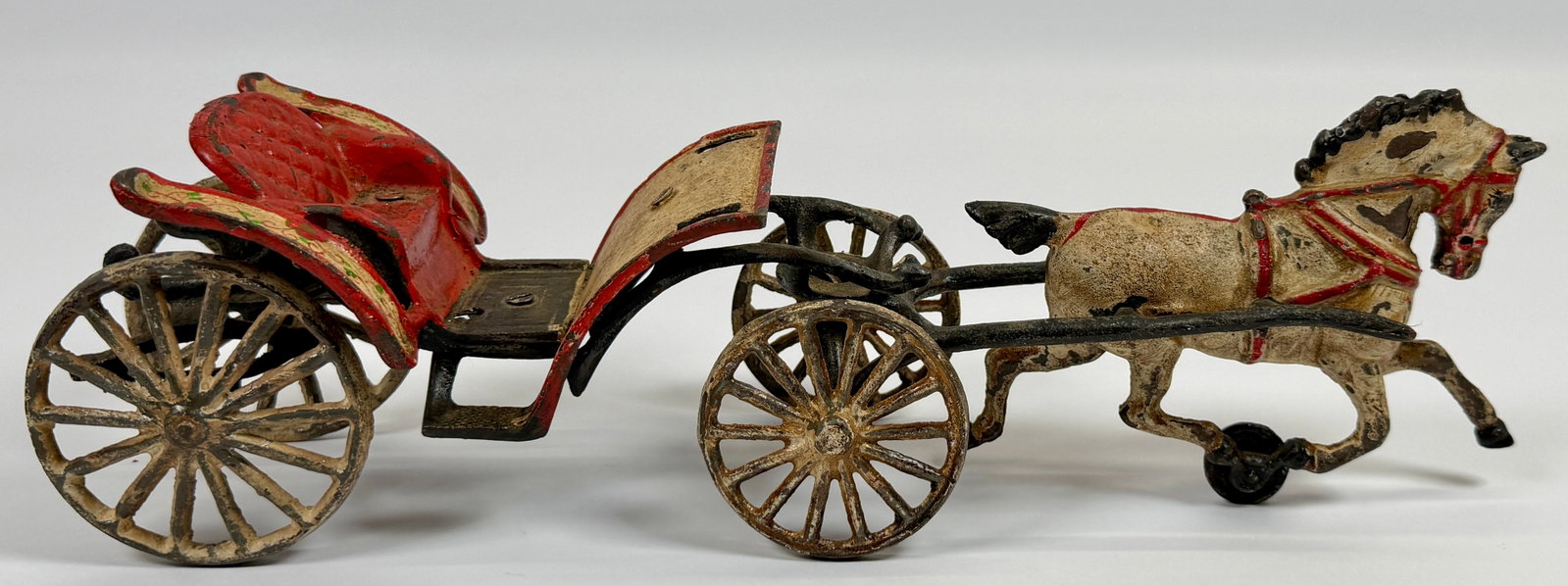 CAST IRON PHAETON CARRIAGE TOY: HORSE DRIVEN CARRIAGE, UNMARKED. PAINT LOSS, NO DRIVER. 15"