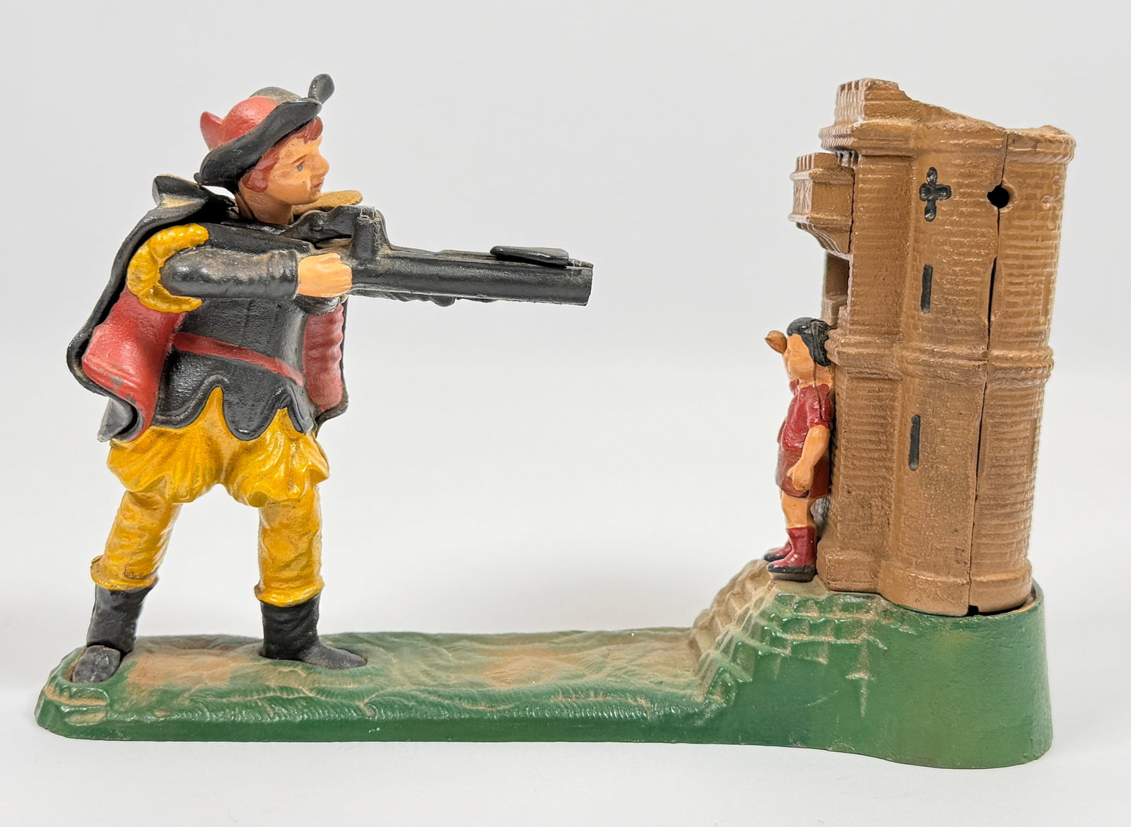 VINTAGE BOOK OF KNOWLEDGE COIN BANK: BOOK OF KNOWLEDGE REPRODUCTION WILLIAM TELL SHOOTING MECHANICAL COIN BANK. WORKING CONDITION. 10"X4"X7"