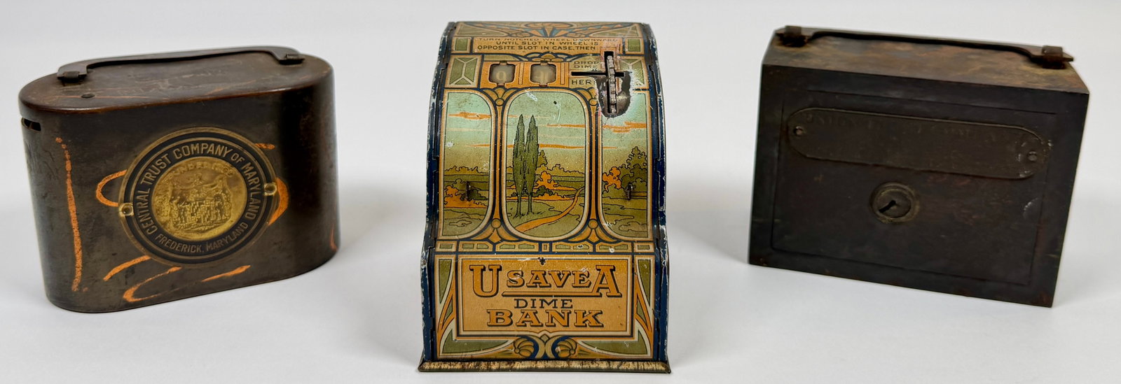 COLLECTION OF COIN SAVINGS BANKS: UNION TRUST CO. OF MARYLAND, CENTRAL TRUST COMPANY OF MARYLAND, U-SAVE-A DIME BANK. NO KEYS.