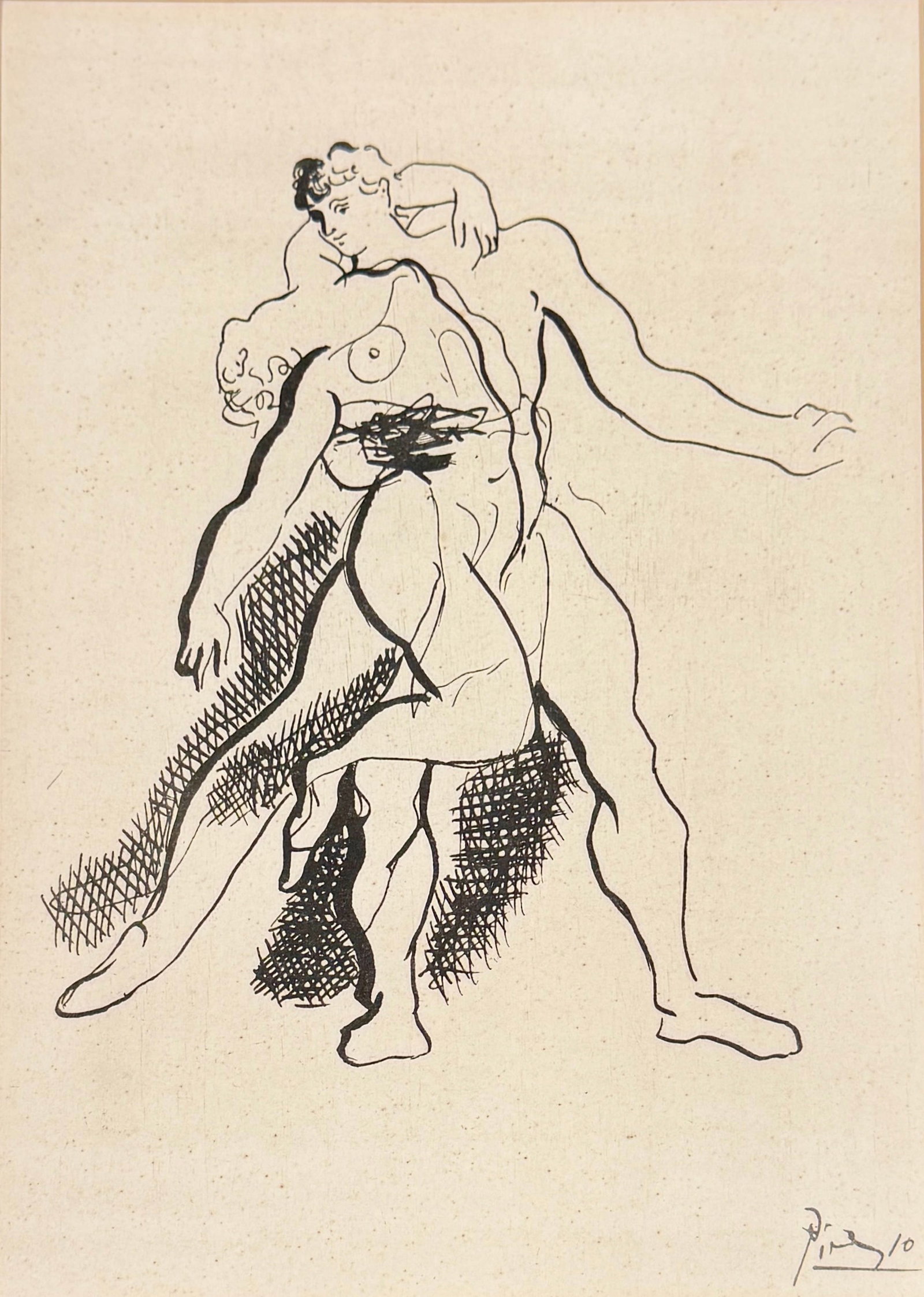 PABLO PICASSO - GRACE ET MOUVEMENT - DANCING: PABLO PICASSO (SPANISH, 1881-1973) PRINT FROM ETCHING, 1943. SIGNED IN THE PLATE. PURCHASED BY CONSIGNOR IN 1971. HAS NOT BEEN EXAMINED OUTSIDE OF FRAME. 13.25"X16.25" OVERALL, 7.25"X10" SITE. COPY OF