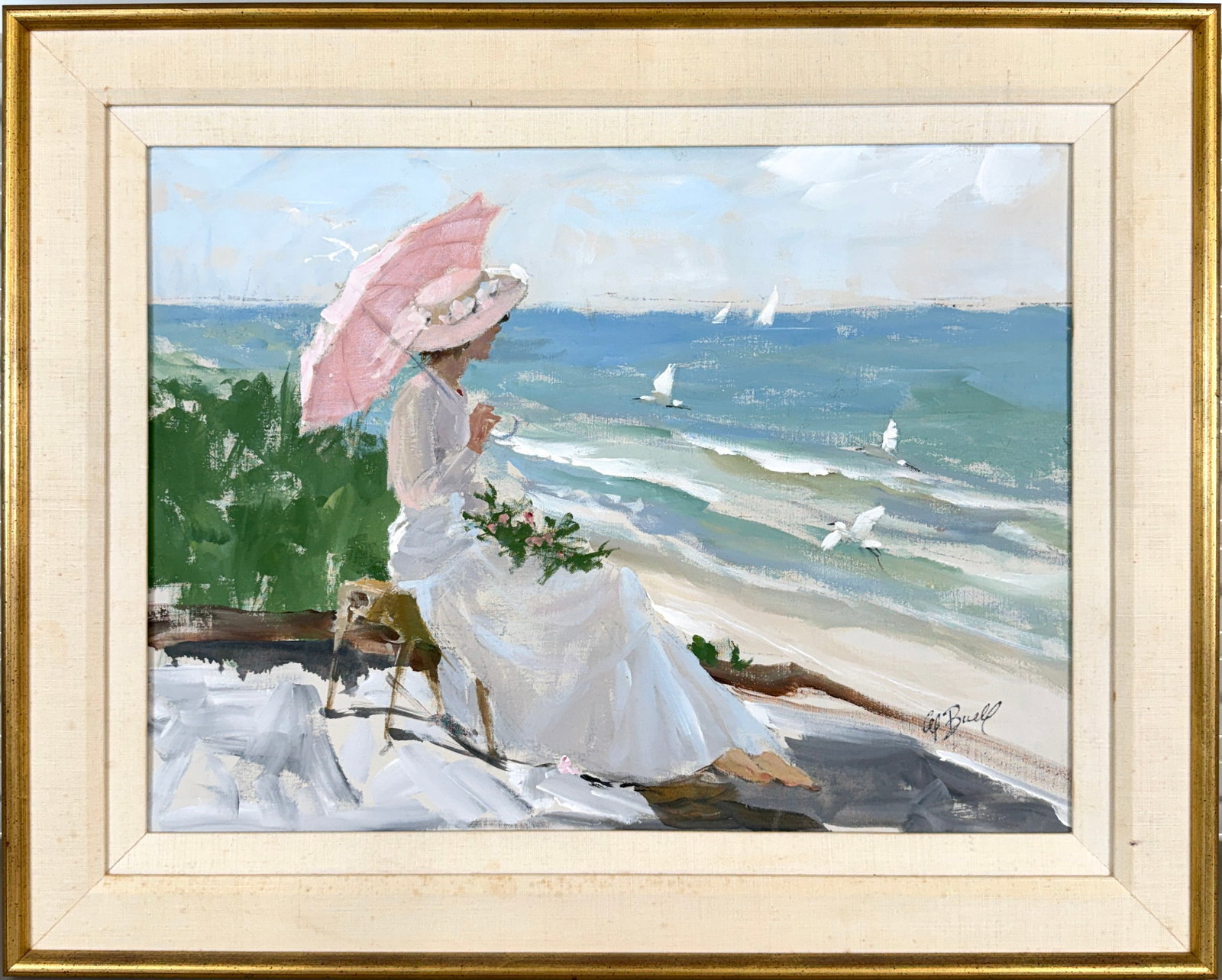 AL BUELL PAINTING - SEASIDE WOMAN: AL BUELL (AMERICAN, 1910-1996) OIL ON CANVAS PAINTING. SIGNED LOWER LEFT. GALLERY LABEL ON VERSO. FRAMED, OVERALL, 25"X30"